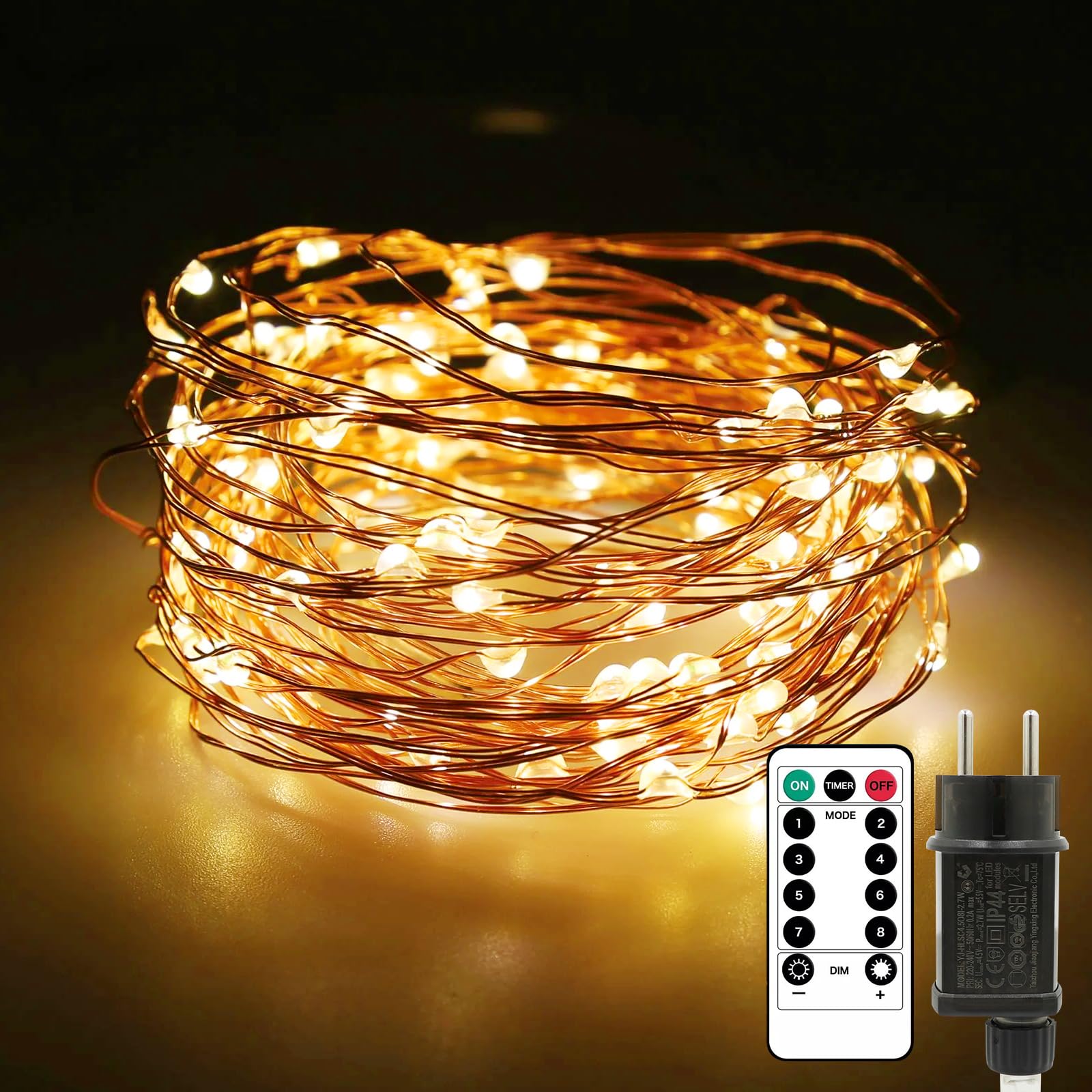 Auting Guirlande lumineuse LED en fil de cuivre, 10 m, 100 LED, étanche IP65, alimentée par une prise, idéale pour la décoration de Noël, l'intérieur et l'extérieur, Blanc chaud