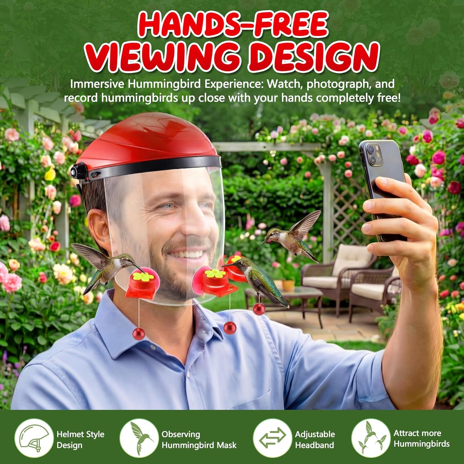 Saillong 2 Pack Upgraded Hummingbird Feeder Helmet, Wearable Hummingbird Mask Feeders Hat with 6 Feeding Ports & Round Nectar Box, Adjustable Bird Feeder Hat for Garden Patio Outside Outdoor Yard
