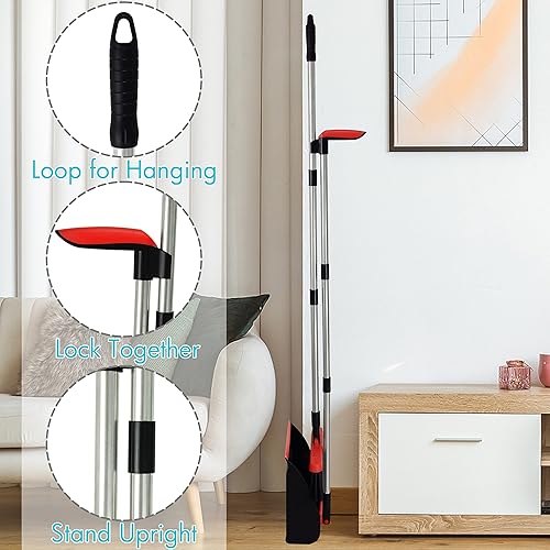 Miniatura 4 de PHYEX Juego de 2 escobas y recogedores, con asas largas ajustables de acero inoxidable de 48 pulgadas, recogedor de pie con dientes autolimpiantes,
