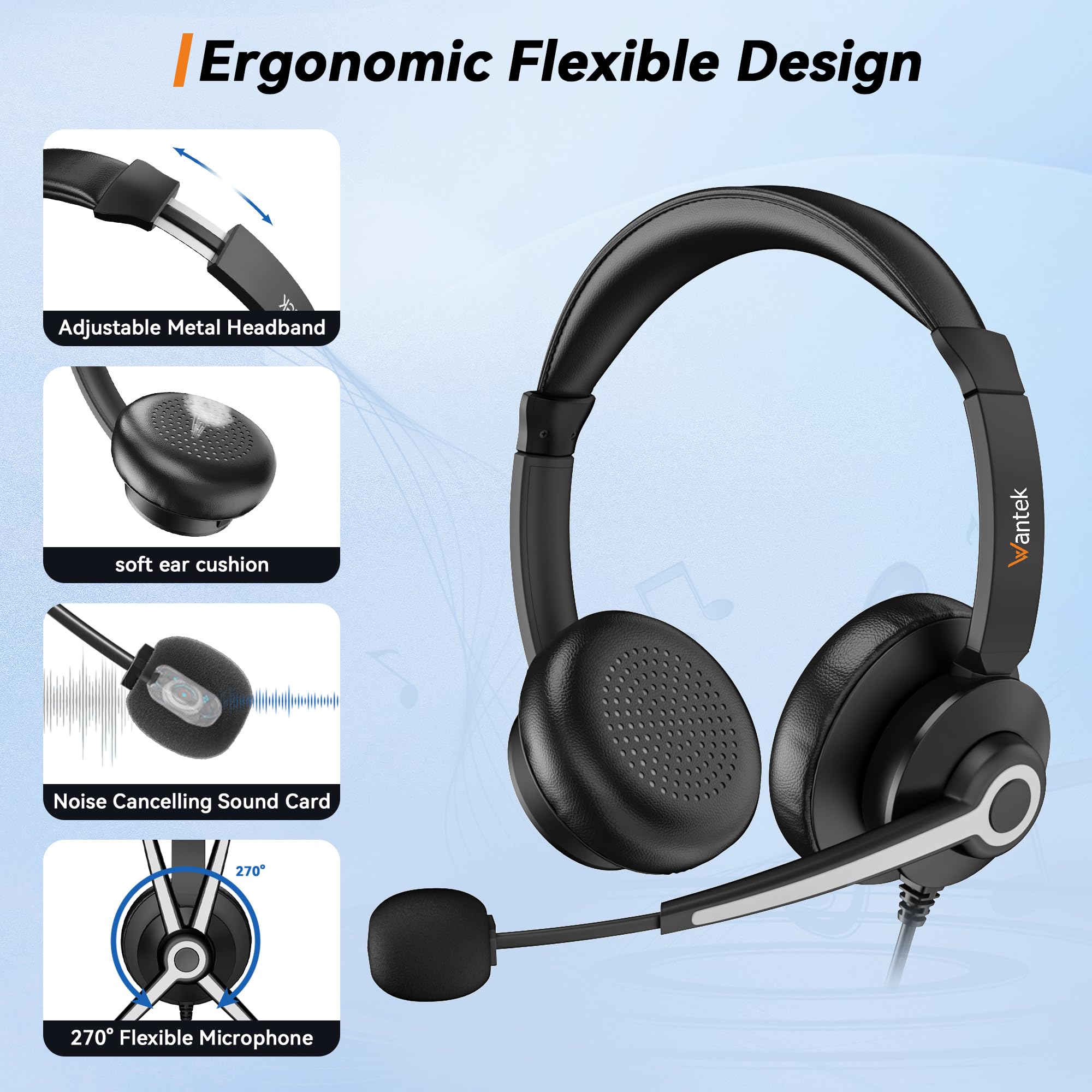 Auriculares USB con micrófono para PC, auriculares de computadora con micrófono de cancelación de ruido para laptop, auriculares con cable USB de 0.138 in Jack con control de silencio en línea para 5