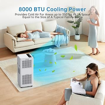 8,000 BTU Portable Air Conditioner, Portable AC Built-in Cool < 50dB, with Dehumidifier and Fan Modes, Remote Control and Installation Kits, Cools up to 350 Sq.ft, White