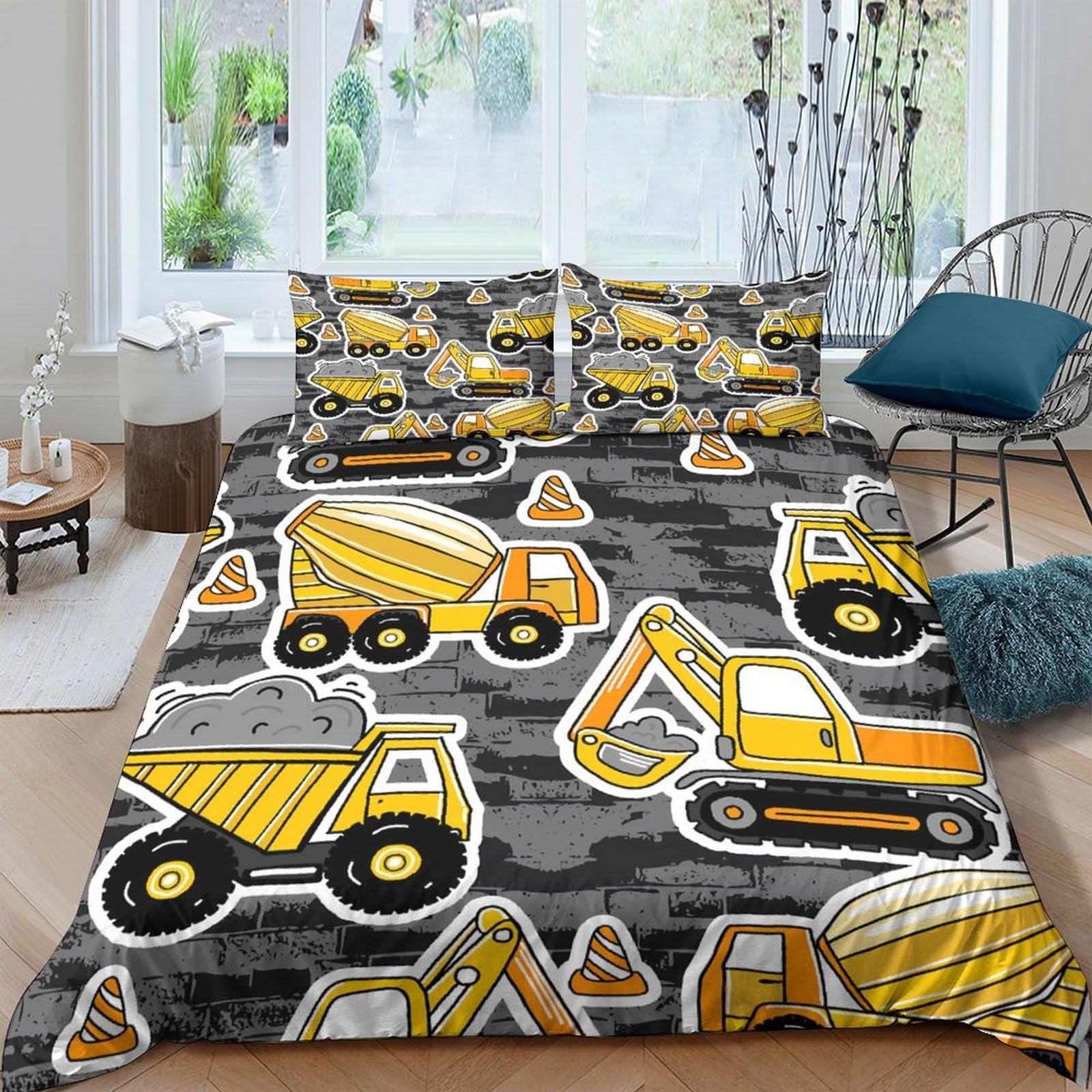 Ctjqhvkz Style-5 3D Printed Construction Truck Fitted Sheet Microfiber Soft Yellow Excavator Bed Cover For Bedroom Dorm Mattress Decor Single（135X200cm）