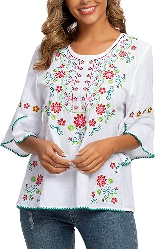 Camisas mexicanas campesinas, blusas para mujer, blusas bordadas de algodón, para fiesta, verano, bohemias, mangas 34