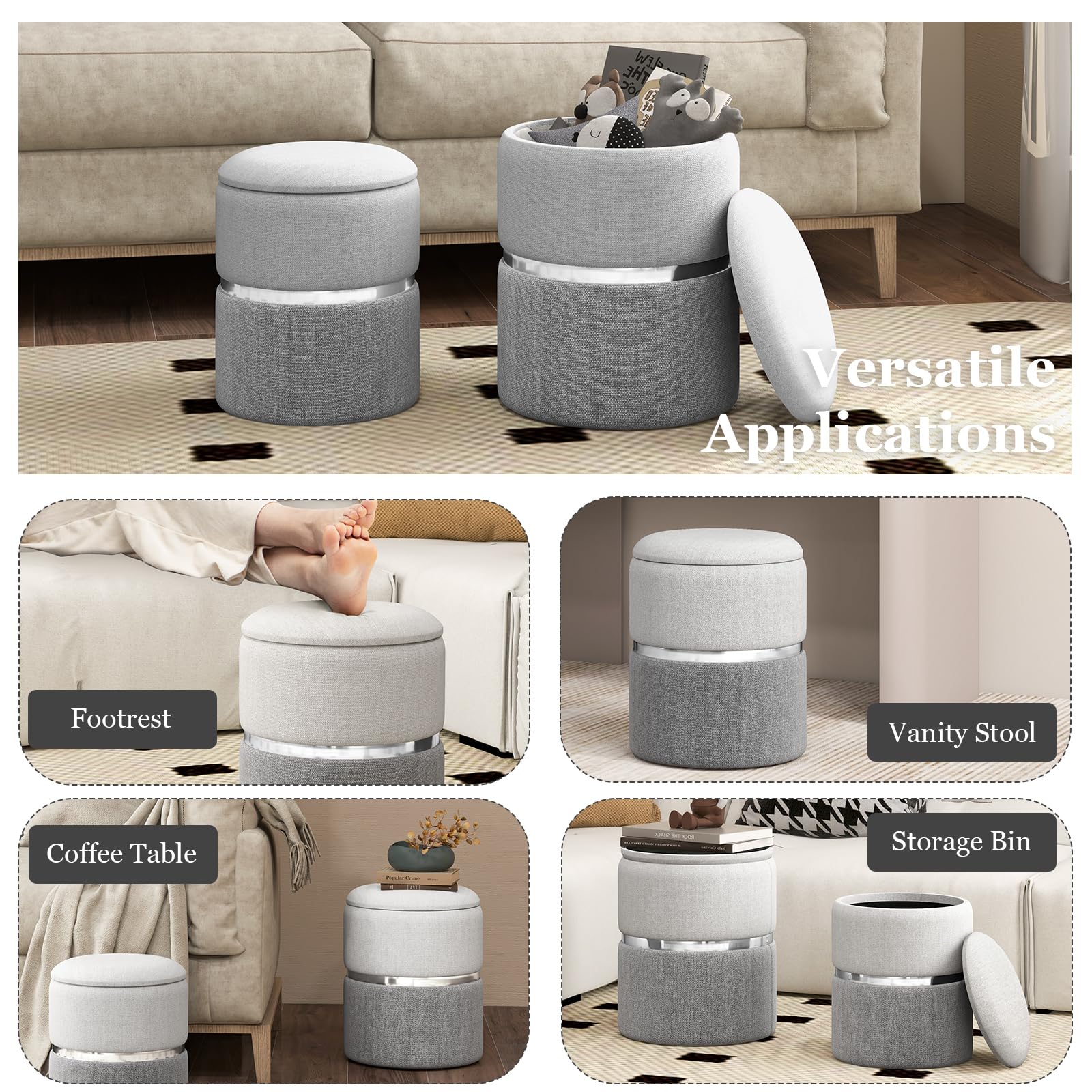 HOMASIS 2er Set Hocker mit Stauraum, Samt Sitzhocker rund, Polsterhocker aus Leinen, gepolsterter Schminkhocker Fußhocker mit abnehmbarem Deckel für Schminktisch, Wohnzimmer, Schlafzimmer (Grau)