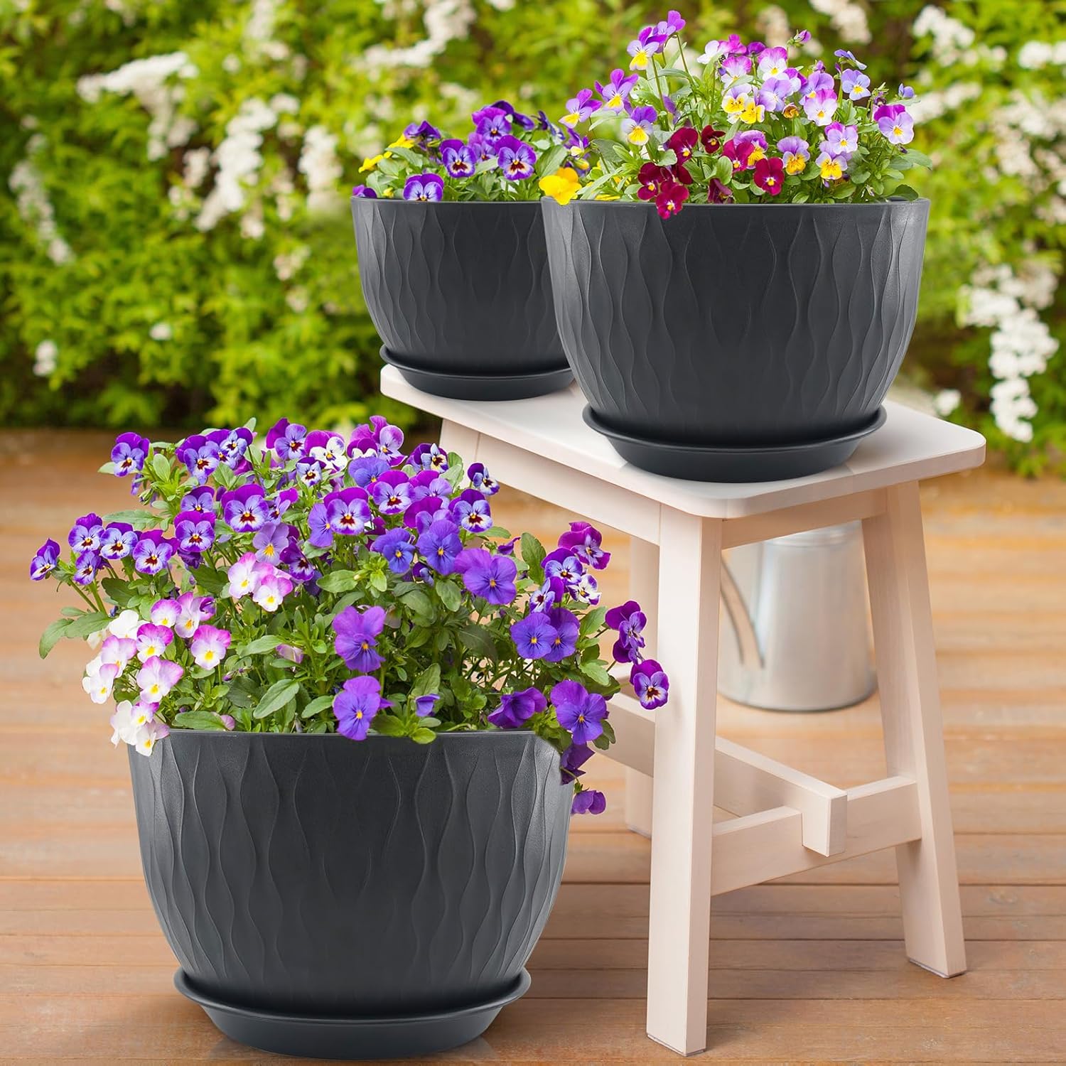 12/10/9 inch Plant Pots, 3 Pack Flower Pots for Outdoor Indoor Garden Plants, Large Planters with Multi Mesh Drainage Holes and Saucer (Black, 12"+10"+9")