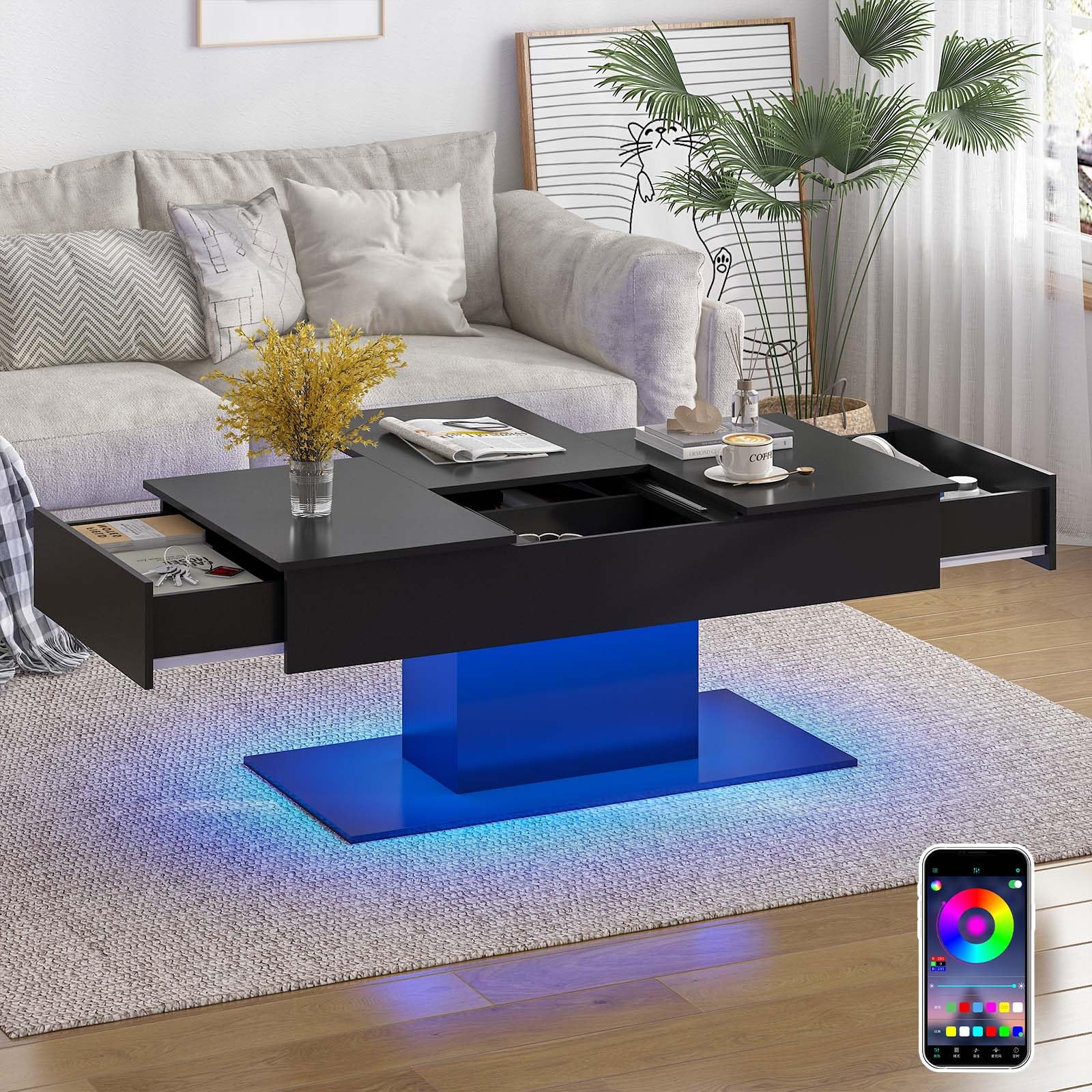 LED Coffee Table with Hidden Storage&2 Storage Drawers Living Room Table