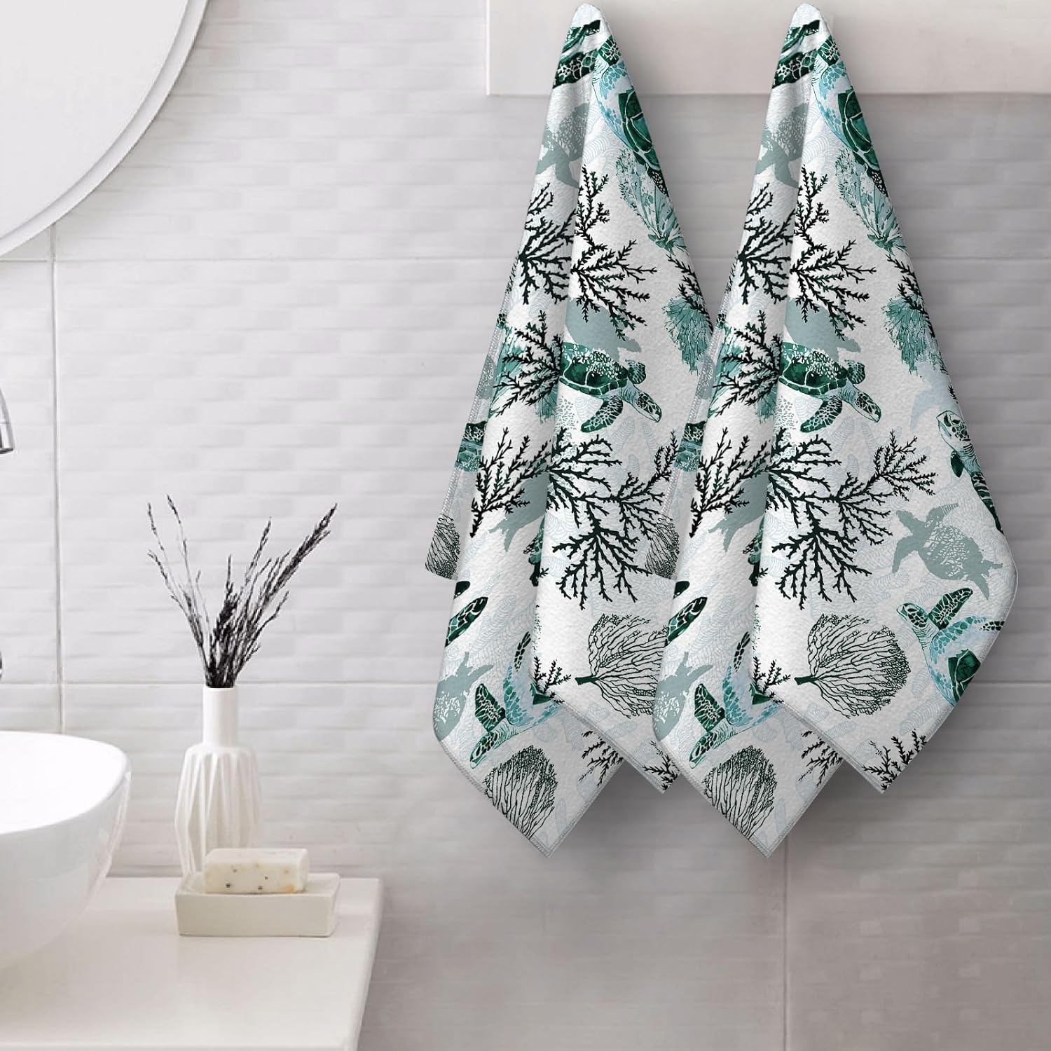 Sea Turtle Corals Coastal Hand Towels for Bathroom 14x28 Inch, Green Teal Nautical Bath Towels Decorative Set of 2 for Farmhouse Gym Kitchen Hotel Holiday Summer Beach Bathroom Home Decorations - Image 3
