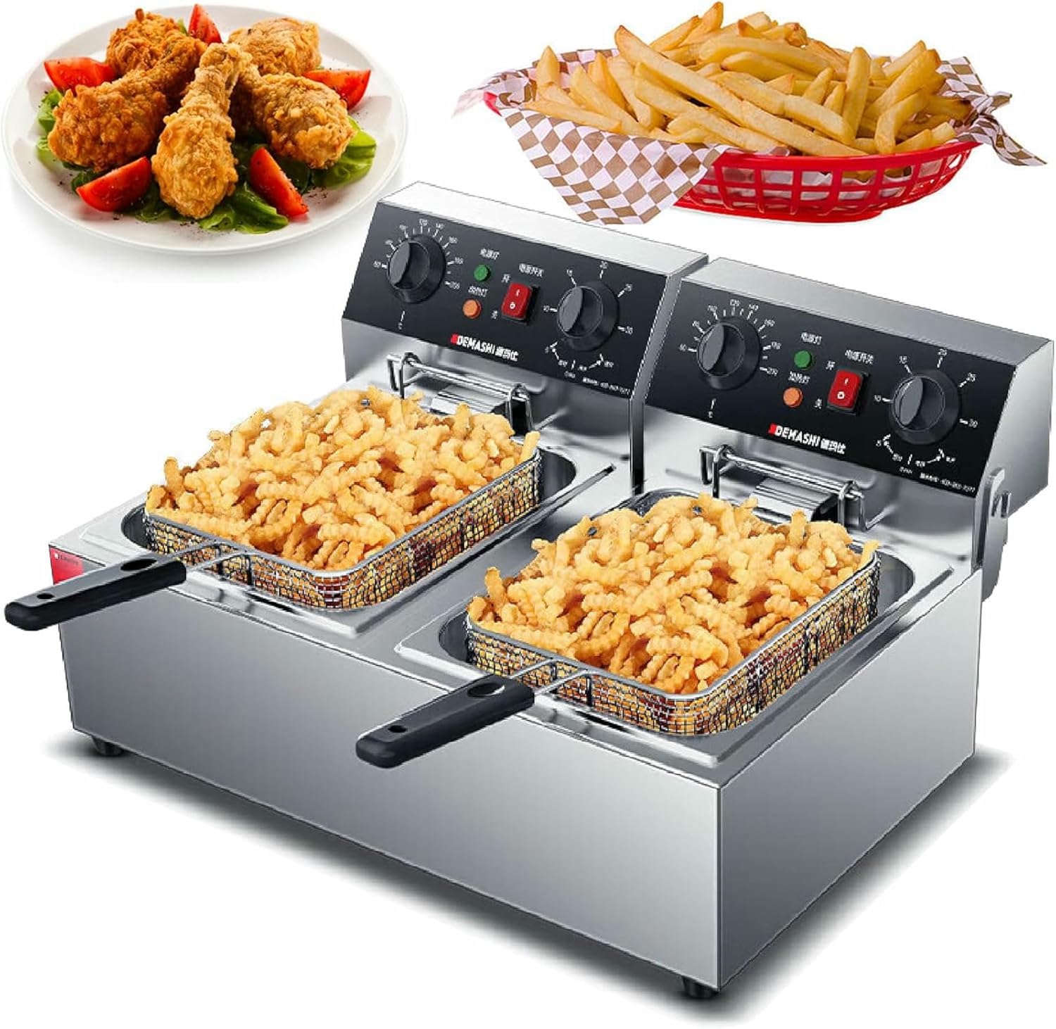 Deep Fryer Commercial Deep Fryers with Basket, 10Lx2/10.5Qt x 2 Thicken with Precise Temperature Control Timer Double Deep Fryer with 2 Baskets, Countertop Fryer Restaurant~/
