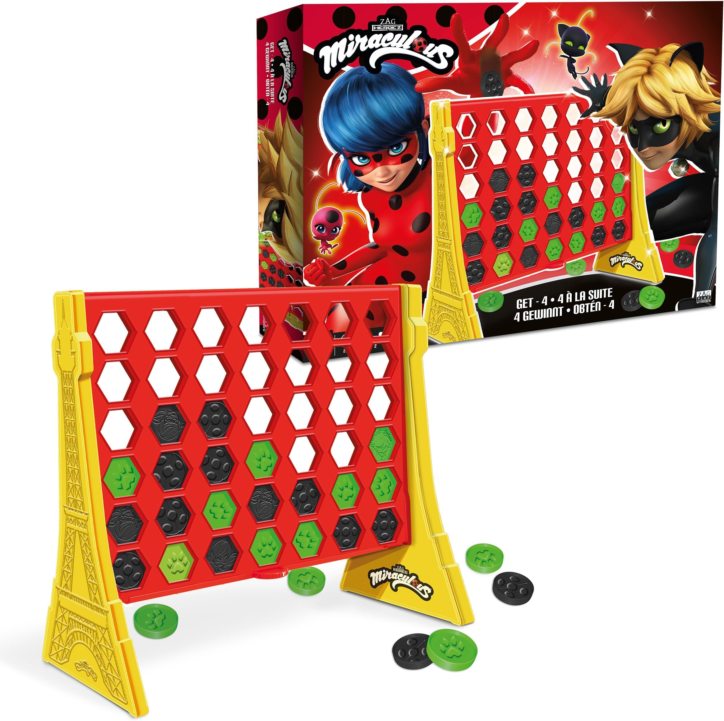 Miraculous Ladybug - GET 4, Paris Grid with Connect Ladybug and Cat Noir Tokens, 4 in a Row Game, Strategy Board Games for Kids, 2 players, Toys for Kids for Ages 6 and Up (Wyncor)