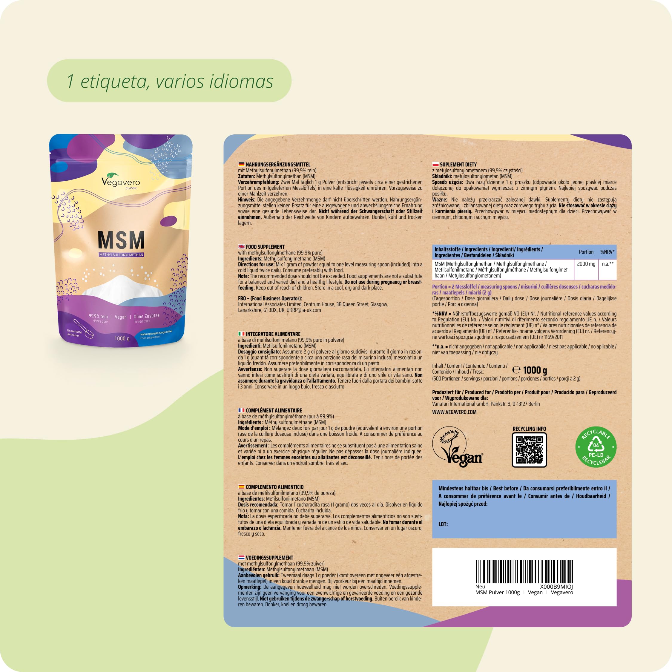 MSM Polvo Vegavero | El Único PURO | 1 KG | Sin Aditivos | Antiinflamatorio Natural + Dolor Espalda + Articulaciones & Joint Support | Vegano