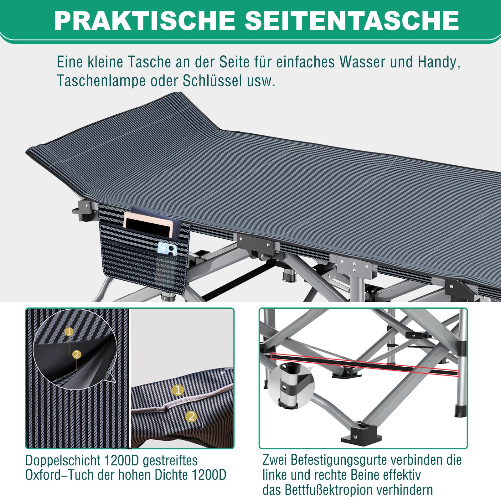 Camping Bett mit Matratze, Max Load 200KG Folding Camp Cot 190x71x36 cm, Stahlrahmen und Pxford Fabric Oberfläche, Filed Bett Gästebett für Erwachsene Indoor Outdoor Camping Garten Büro