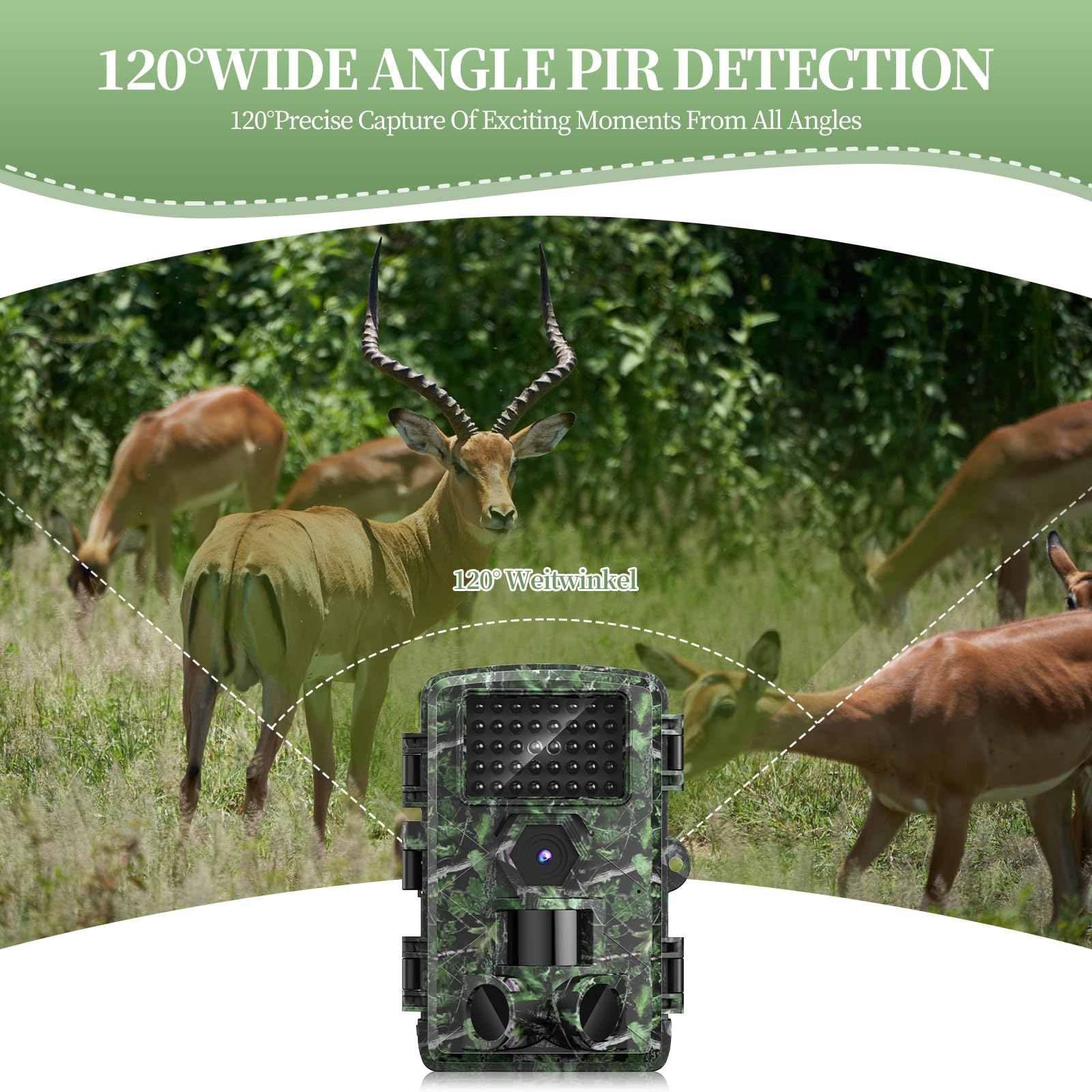 Camera de Chasse, 2.7K 58Mp HD Camera Exterieur 46 LED Infrarouges De 940 nm, Camera Vision Nocturne Animaux avec Carte SD 32Gb, Vitesse de Déclenchement de 0,2 Seconde, Étanchéité Ip66