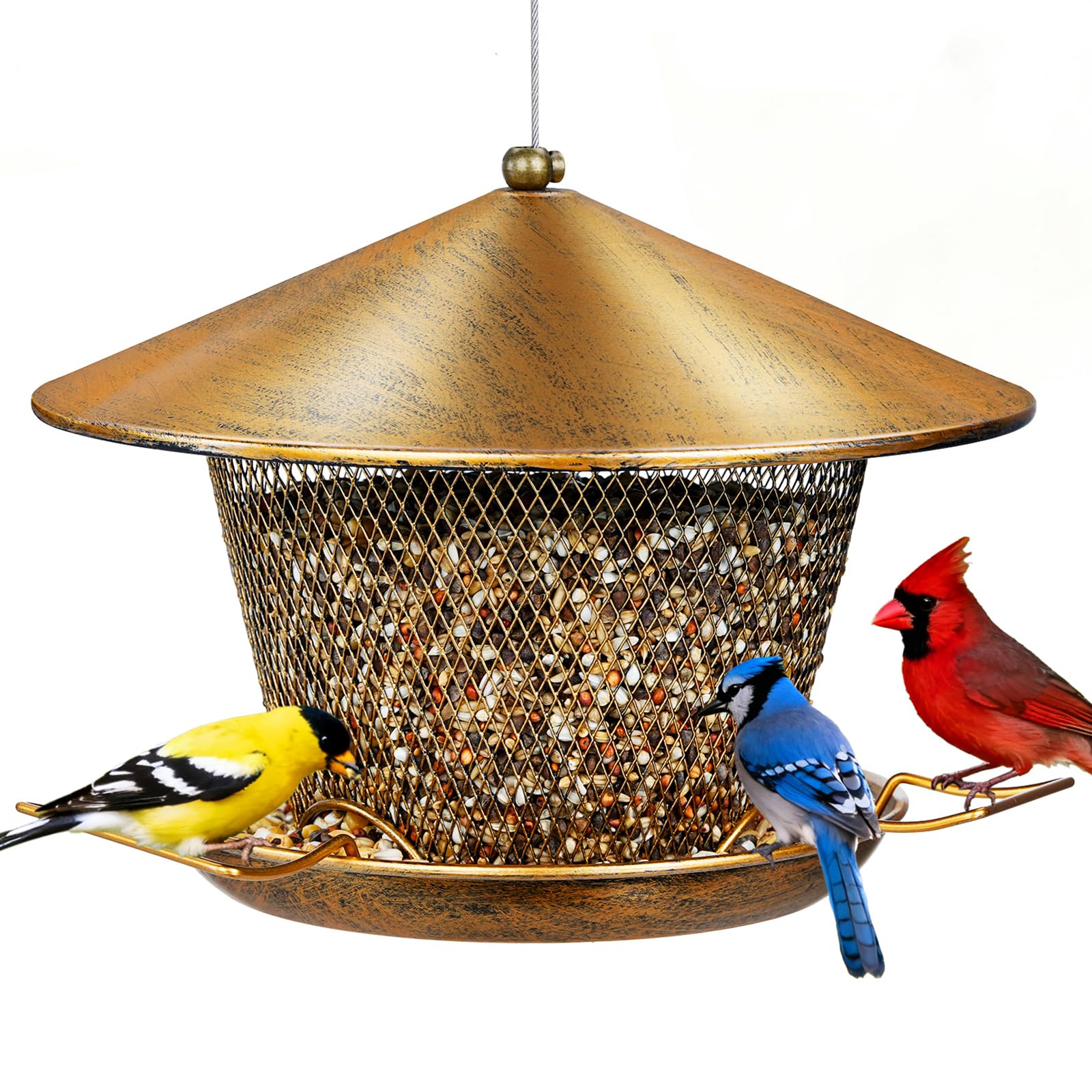 Samhe Bird Feeder for Outdoor Hanging, All Metal Weatherproof Wild Bird Feeder with 9.8" Roof, 3.5 LBs Seeds Capacity, Easy to Clean & Refill