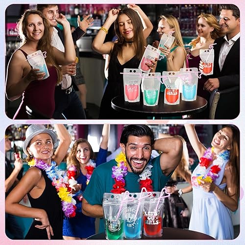 Miniatura 7 de Hoolerry 36 juegos de bolsas de discoteca para bebidas de adultos, bolsas de bebidas de fiesta de los años 70 con pajitas, bolsas resellables con