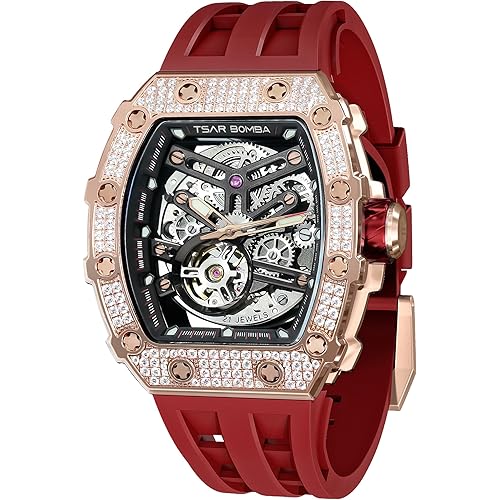 TSAR BOMBA Luxury Mens Automatic Mechanical Watches - Japanese Movement Sapphire Glass - 50M Waterproof Men's Watch - Square Wrist Watches Silicone Band Luminous Elegant Gifts for Men