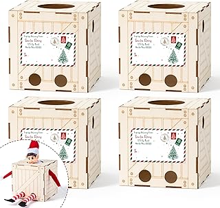 Christmas Elf Wooden Box - 4-Set Santa's Delivery Crate & Name Tag Sticker, DIY Elf on The Shelf Holder for Kids, Holiday Tradition Decoration Gift Under Christmas Tree (Elf Not Included)