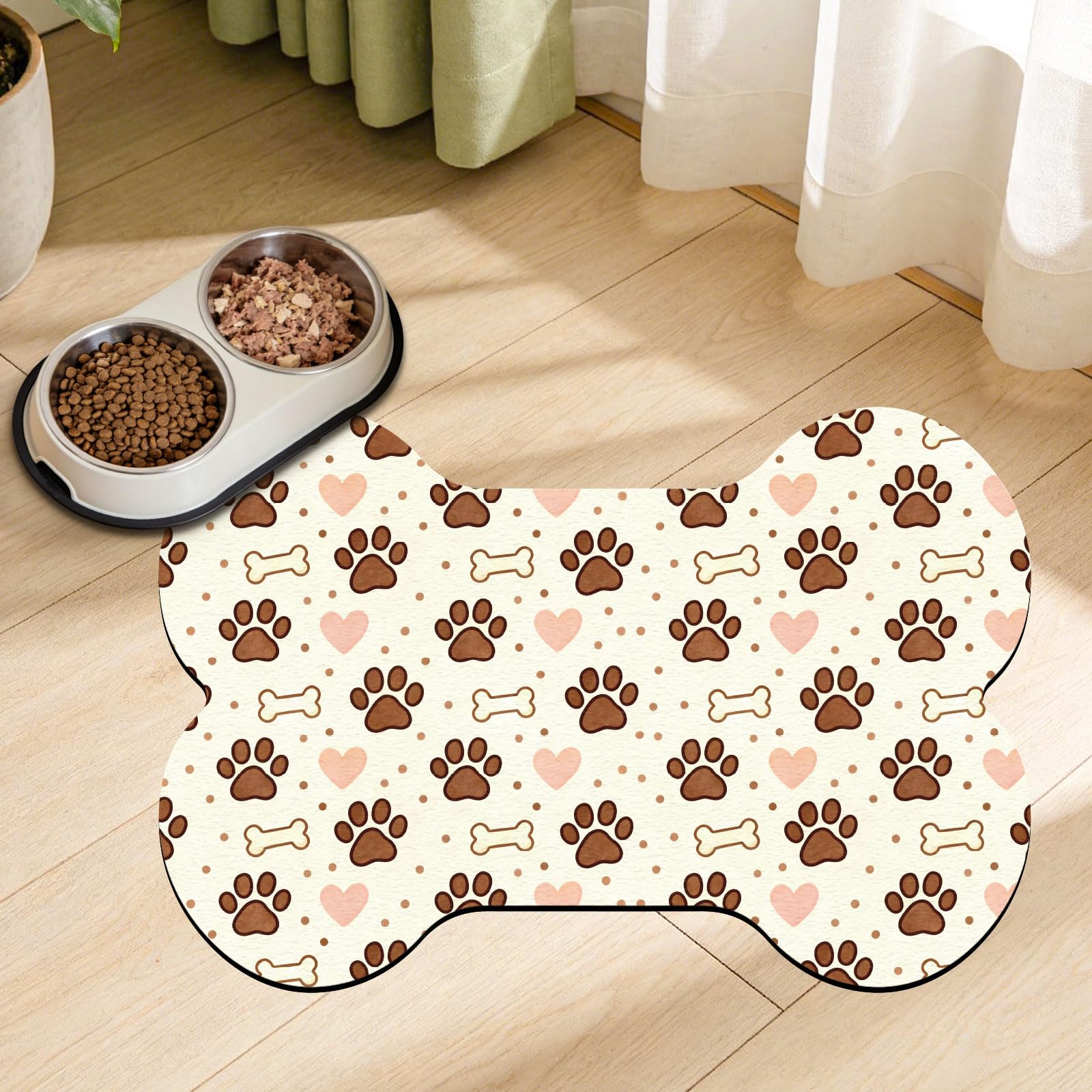 GLOBLELAND Bone Shaped Pet Food Mat for Floors 23.6x15.7 inch Dog Paw Prints Feeding Mats Non-Slip Floors Mat Absorbent Pet Placemats for Cats Dogs Bowl and Water Dispenser