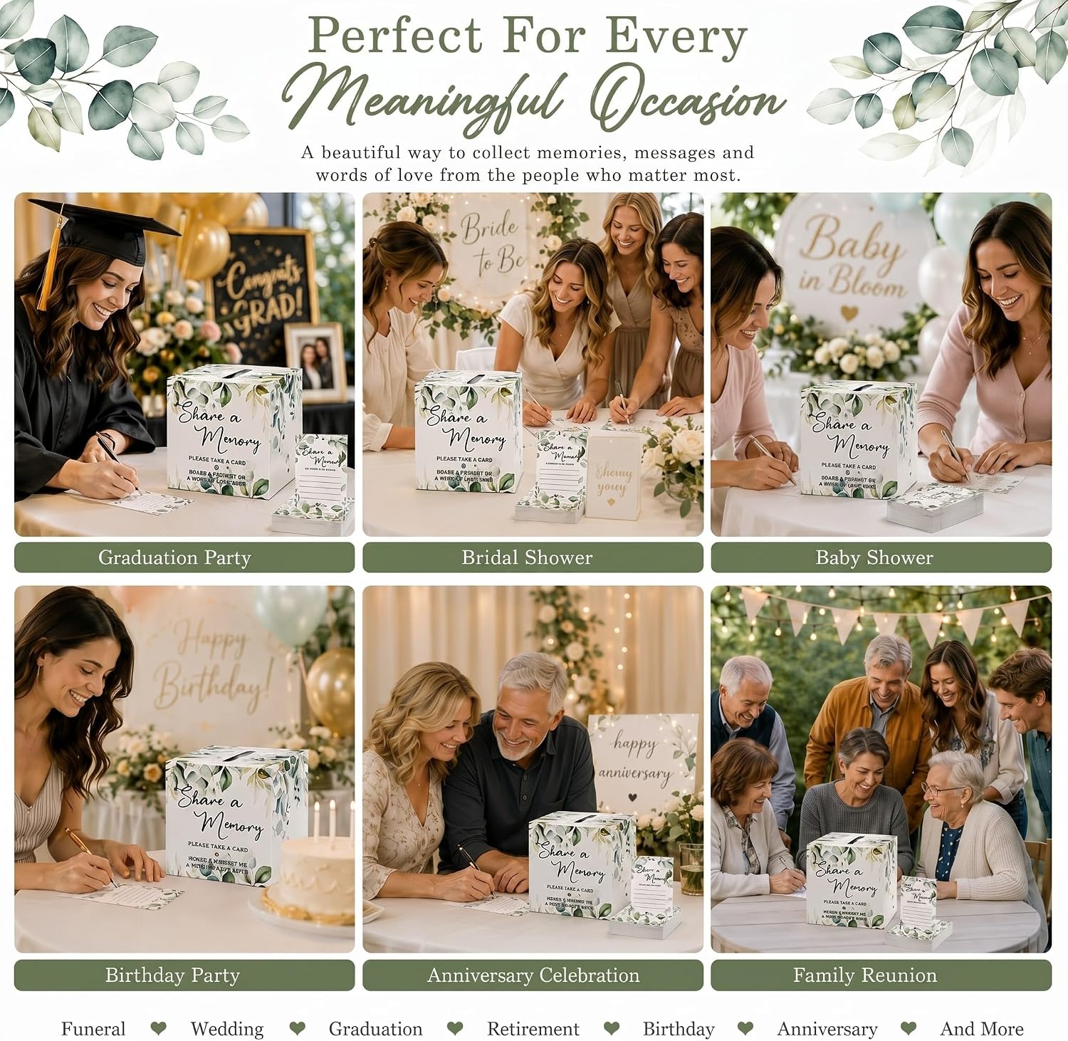Pajean 50 Pcs Greenery Share a Memory Cards for Collections of Life, Memory Cards Box Guest Ideas for Funeral Graduation Wedding Bridal Shower Birthday Anniversary Retirement(Classic Style)