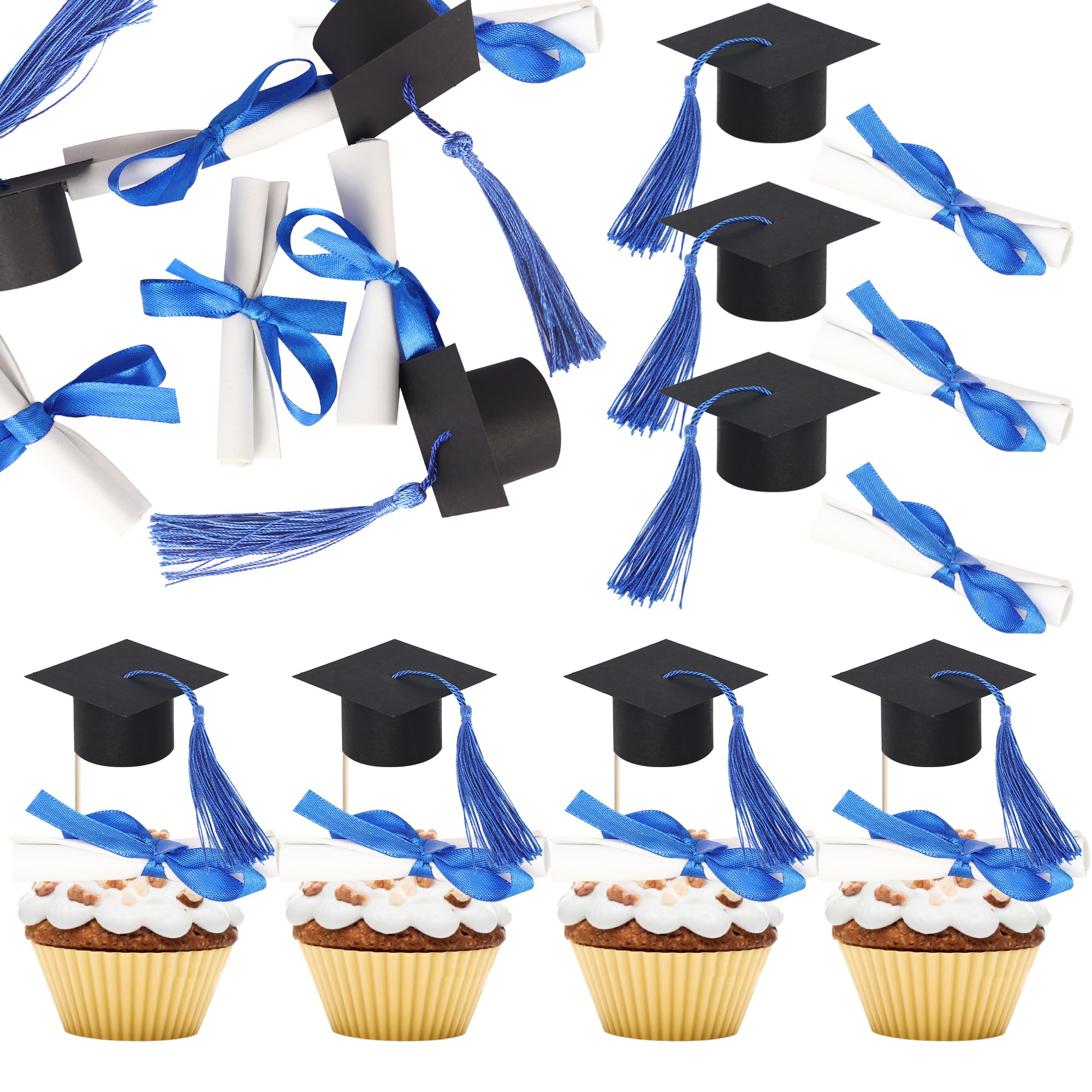 Xsstarmi 24 Pack Congrats Grad Cupcake Toppers Diploma Done Grad Cap Cupcake Picks Class of 2026 Graduation Cupcake Decorations for Prom 2026 Graduation Theme Party Cake Decorations Black Blue
