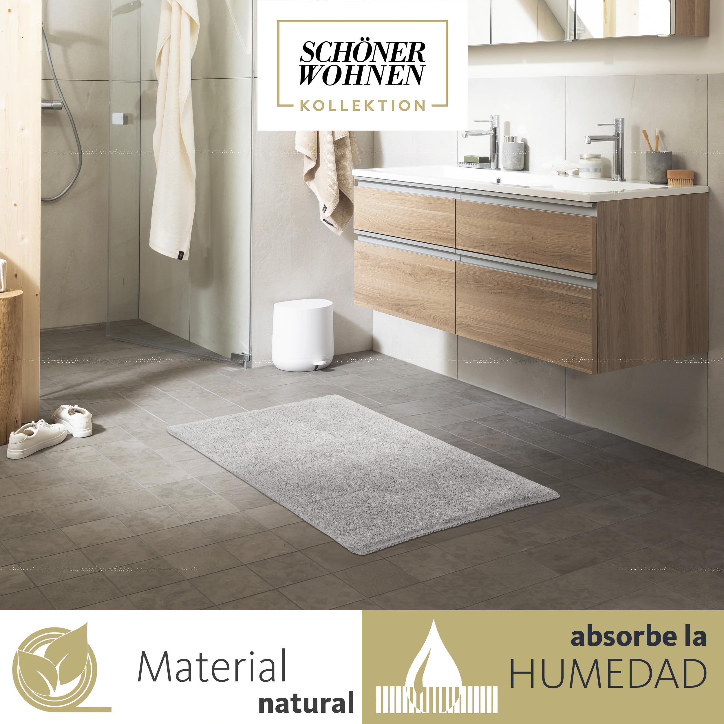 Schöner Wohnen Collection Alfombra de baño 60 x 90 cm - Reversible - Lavable - 100% algodón - Monocolor - Gris Claro | Alfombrilla de baño antideslizante, 100% algodón, apta para secadora, absorbe la humedad