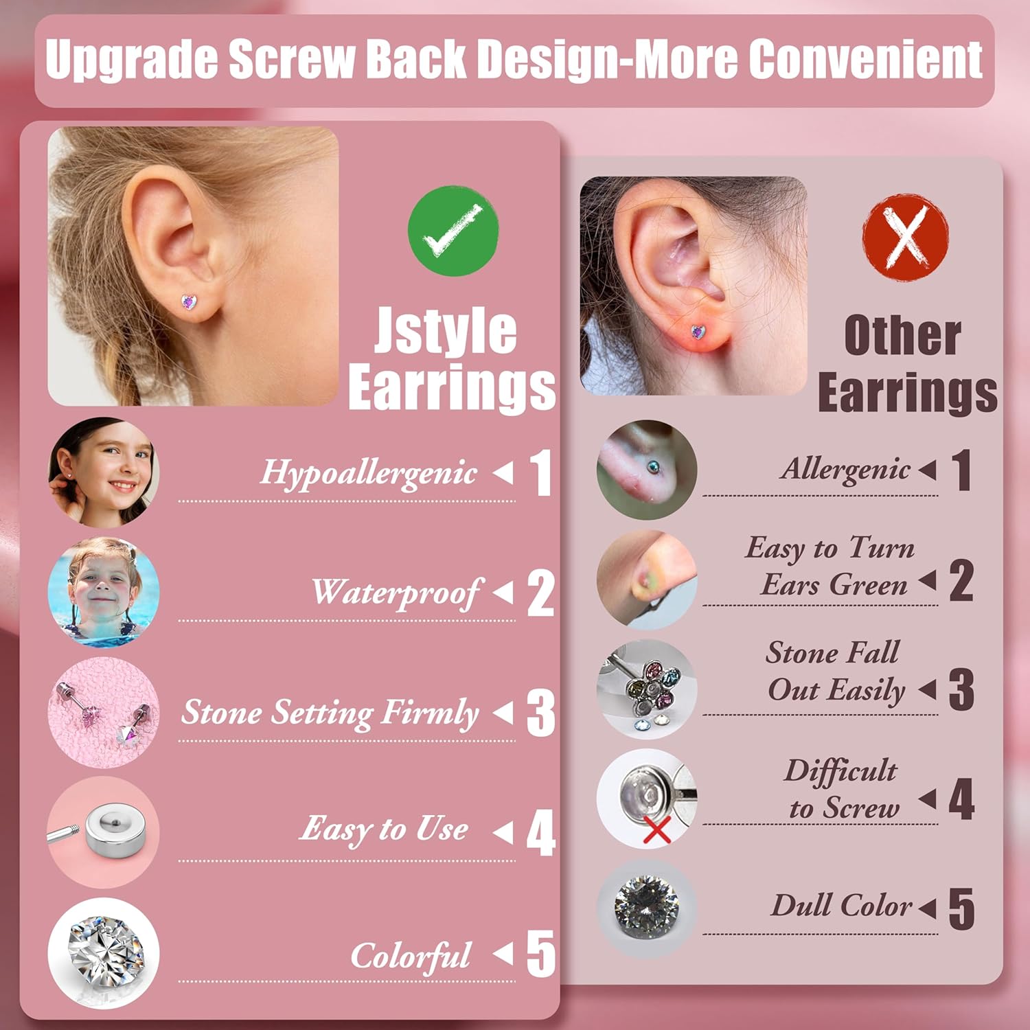 Jstyle 16 Pairs Hypoallergenic Earrings For Girls Women Surgical Steel Screwback Earrings for Sensitive Ears Cute Todder Earrings Kid Earrings Flat Back Stud Earrings - Image 2