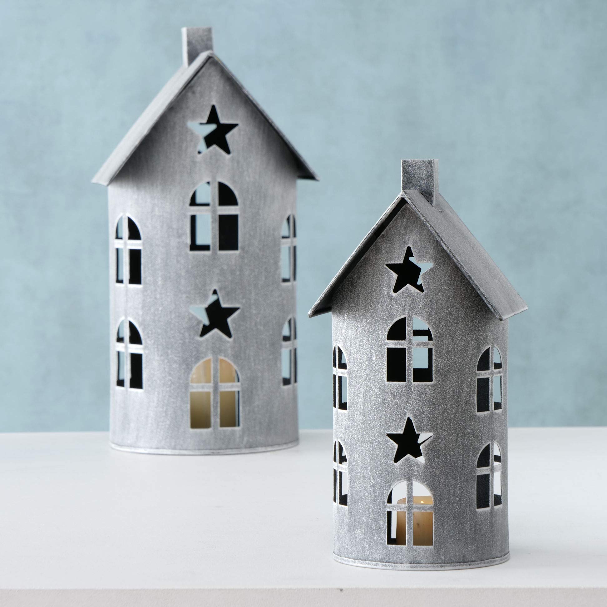 Metall Laterne im 2er Set - Höhe der Laternen: 40/28 cm - Deko Windlicht Haus Kerzenhalter für Innen und Außen