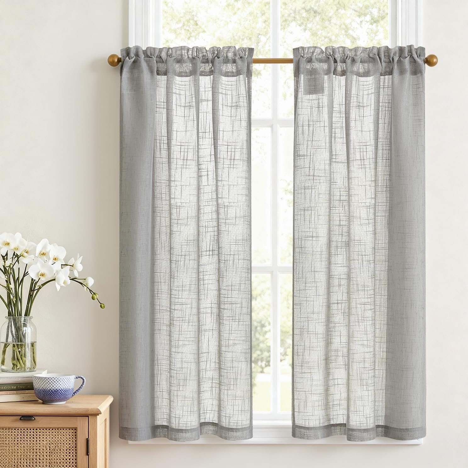 VANGAO Voile Scheibengardine Transparente Bistrogardine Sheer Unifarbige Tunnelzug Küchenvorhang