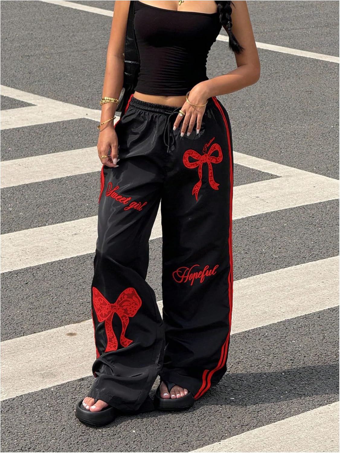 Women's Bow Graphic Baggy Pants Drawstring Elastic Waist Wide Leg Loose Long Trousers Streetwear - Image 3