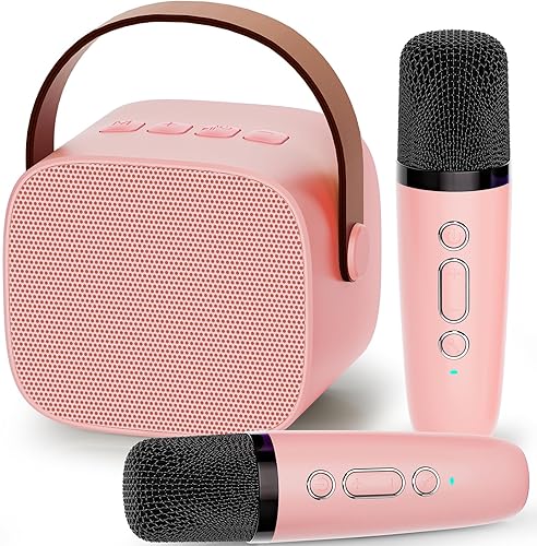 IROO Mini Karaoke Machine for Kids, 2025 Top Christmas Birthday Gifts for 3, 4, 5, 6, 7, 8, 9, 10, 12 +Years Old Girls Grandkids,Party Portable Bluetooth Speaker with 2 Wireless Microphones (P-ink)