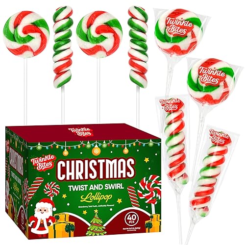 40 Pack Christmas Lollipops - Individually Wrapped Christmas Holiday Themed 20 Twist And 20 Swirl Suckers - Colorful Red & Green Designs & Delicious Strawberry And Tutti Frutti Flavors - Bulk Candy Use For Stocking Stuffers - Swirl - 40 Pack Christmas