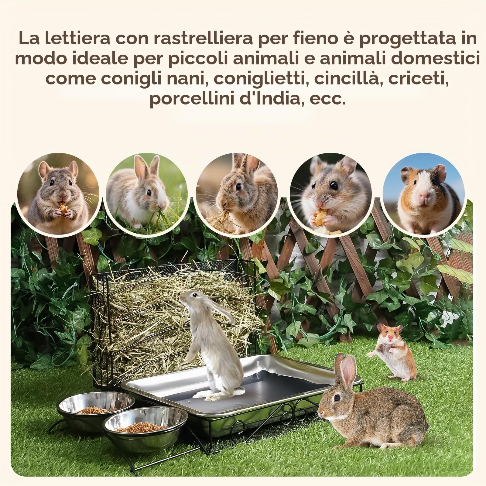 Mangiatoia 3 in 1 per coniglio con lettiera in acciaio inox e 2 ciotole per animali domestici, grattugia, per piccoli animali domestici, conigli, criceti, porcellini d'India