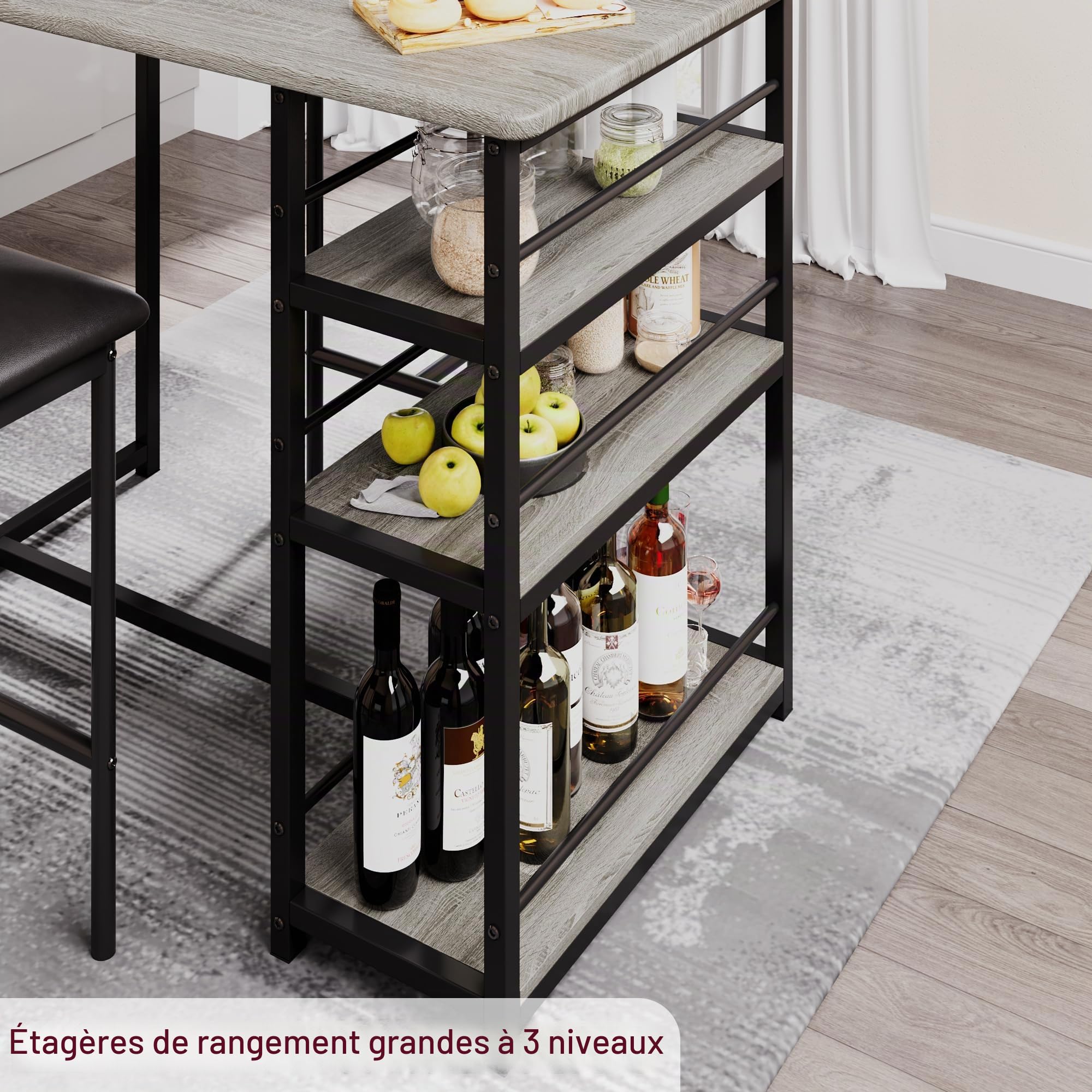 Table Bar Cuisine avec 2 Chaises Rembourré, Table de Bar Bois avec 3 étagères, Ensembles de Salle à Manger pour Cuisine,Petit Espace et Appartement (Gris)