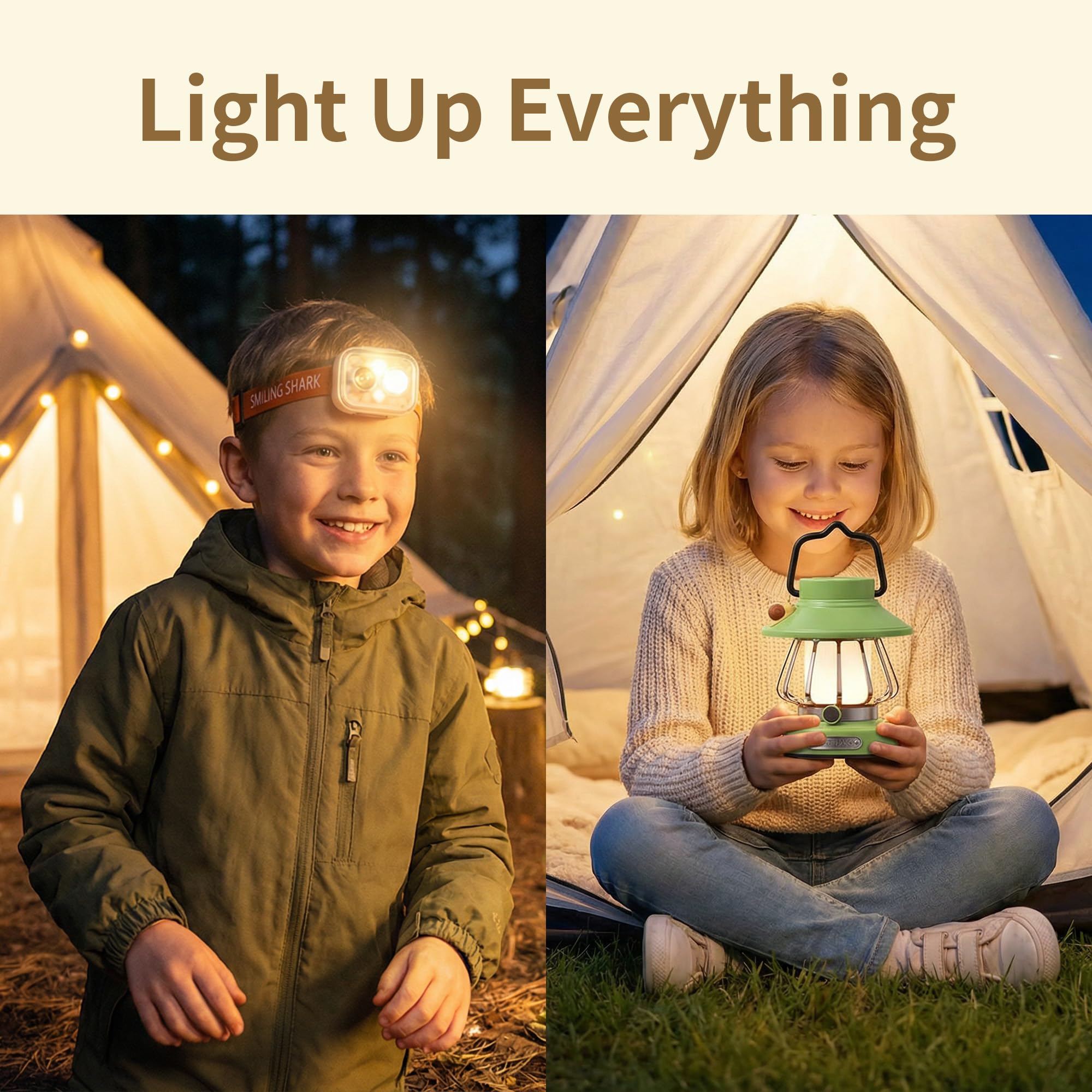 Ensemble d'éclairage de camping pour parents et enfants, lanterne pour enfants et lampe frontale rechargeable avec détecteur de mouvement USB-C chargement, équipement de randonnée mains libres pour