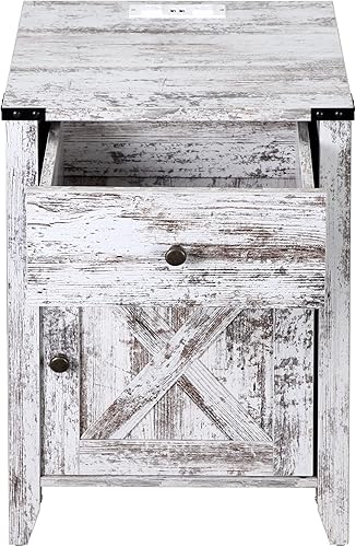 Miniatura 5 de Betterhood Barnwood - Mesita de noche rústica con estación de carga, mesa auxiliar con puerta de granero y cajones, mesa auxiliar estilo roble