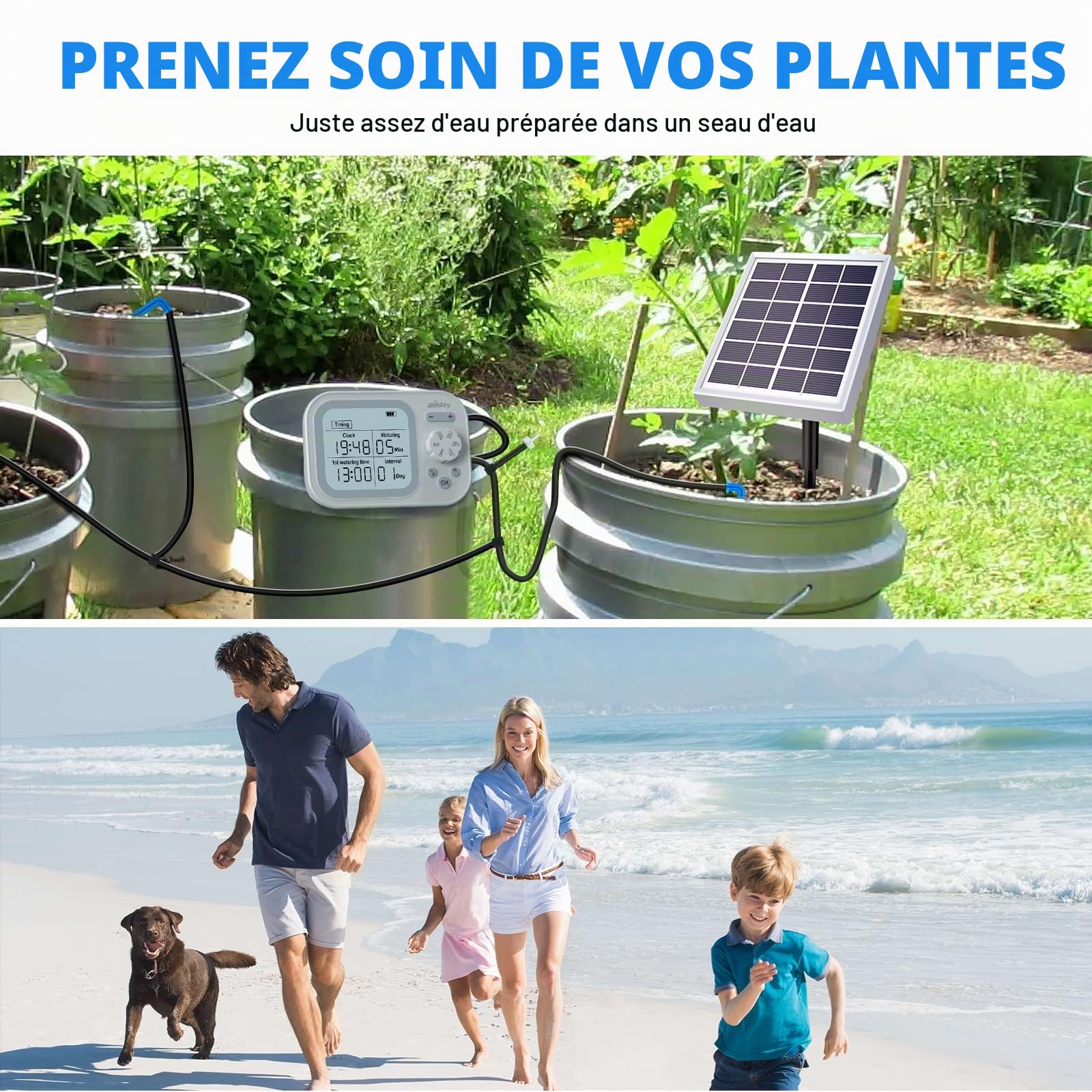 Beday Kit goutte à goutte solaire, minuterie autonome pour 15 plantes | Fonctionnement solaire; arrosage automatique; plastique caoutchouc; intérieur, balcon, jardin pour 15 pots