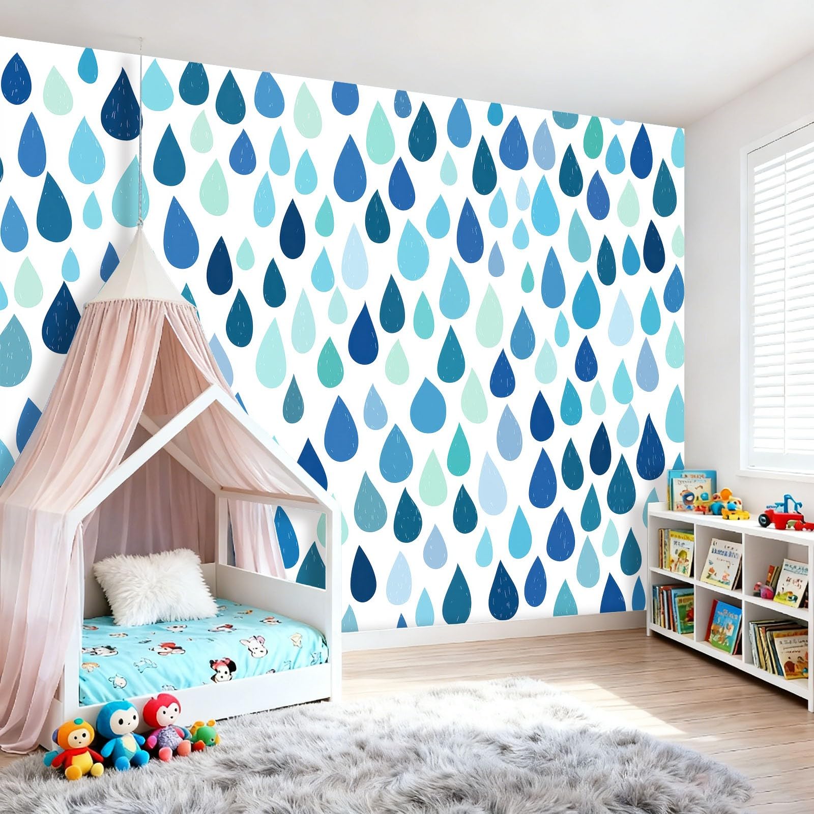Minimalistyczny geometryczny mural ścienny z włókniny do sypialni, przy łóżku i przedpokoju, ściana akcentująca, 300 x 210 cm, niewklejony efekt 3D, duży plakat z fototapetą, niebieskie krople deszczu