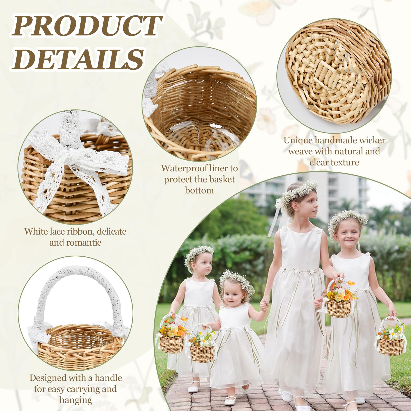 HEKOBAG 2 PZ Cestini in Vimini con Manico 20 cm Cestini di Fiori Matrimoni Cesto di Fiori Fatti a Mano Cesti Intrecciati con Nastro di Pizzo Cestini Rattan per Pane, Caramelle, Cioccolatini, Biscotti