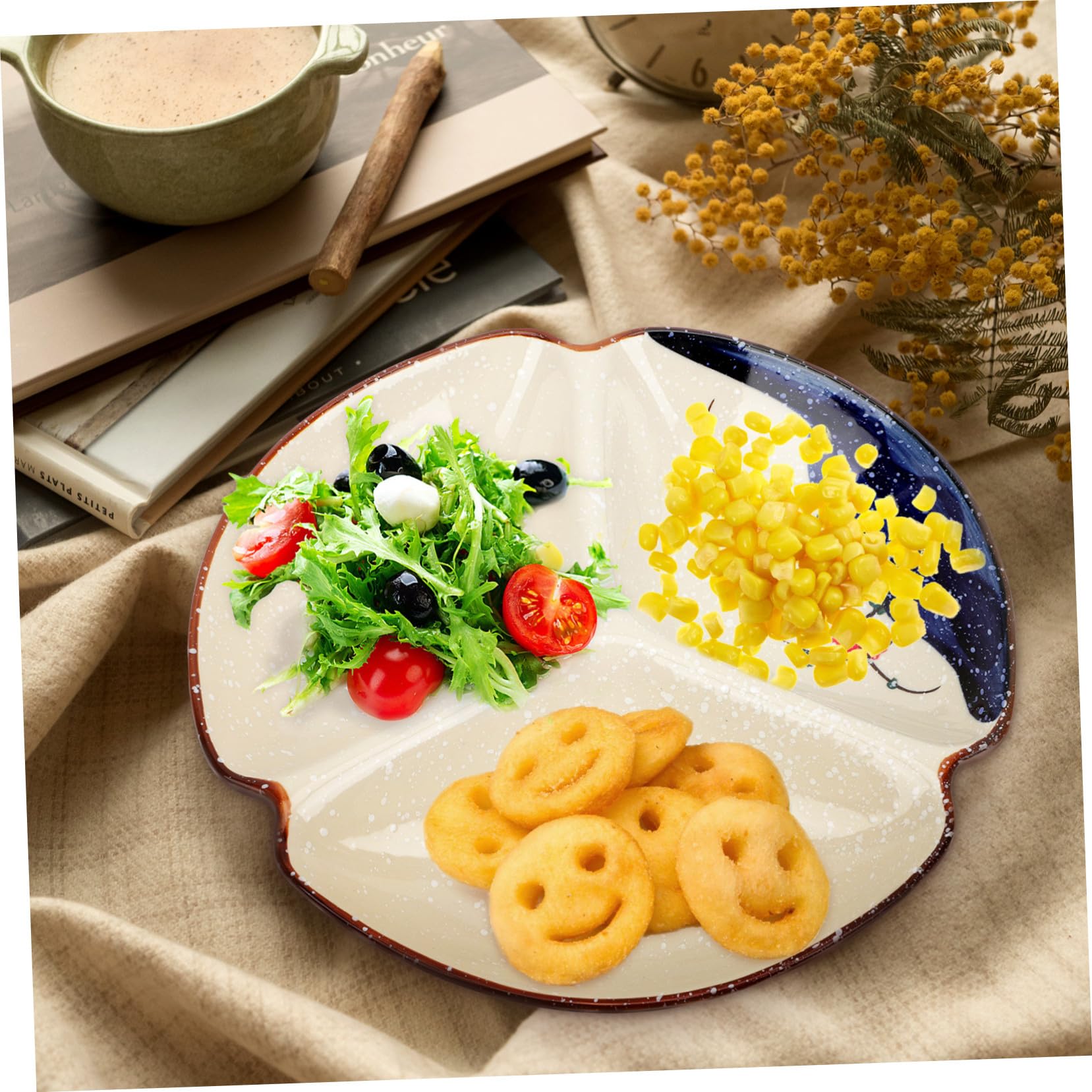 OUNONA Keramik Snackschale mit 3 Fächern Glatte Runde Kanten Design für Picknick und Zuhause 9-zoll Servierplatte aus Keramik