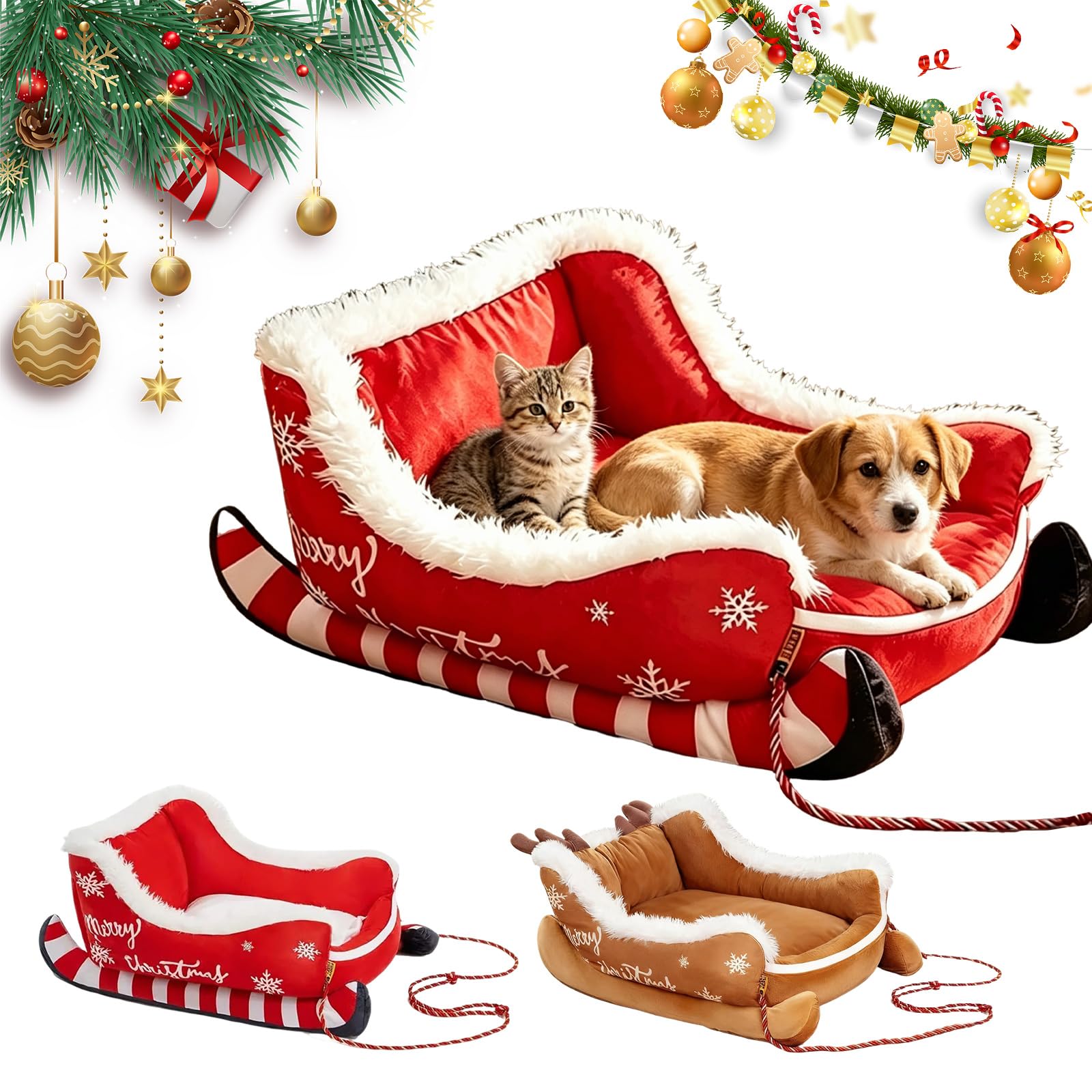 Christmas Dog Cat Bed Sleigh with Non Slip Base for Indoor&Outdoor (Red, S)