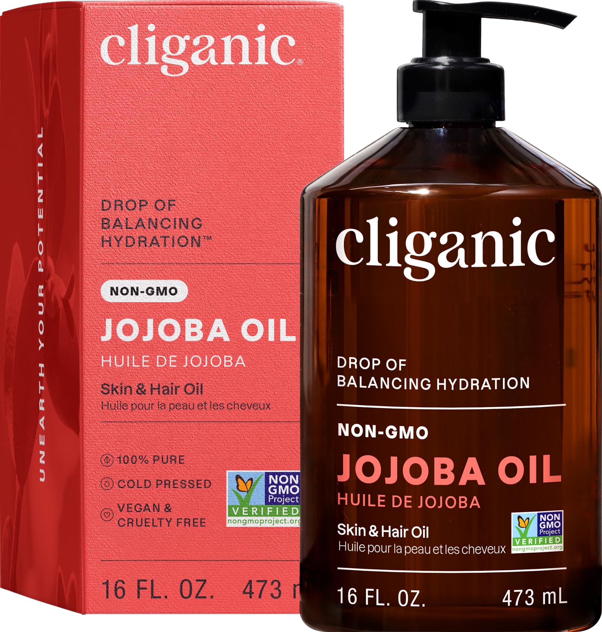 Cliganic Jojoba Oil Non-GMO, Bulk 16oz | 100% Pure, Natural Cold Pressed Unrefined Hexane Free Oil for Hair & Face