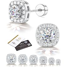 LOLIAS Moissanite Stud Earrings - Hypoallergenic Flat Back Earrings for Women Men- 925 Sterling Silver Halo Square Stud Earring - 14K White Gold Plated Brilliant D Color VVS1 Moissanite Jewelry