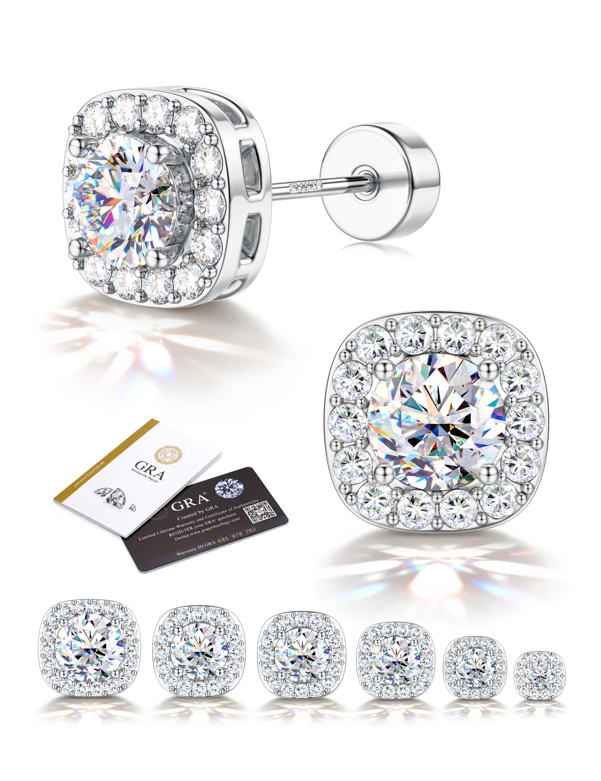 Adramata Pendientes Moissanita Mujer Hombre Plata de Ley 925, Pendientes de Botón Hipoalergénicos Parte Trasera Plana, Pendiente Diamante Simulado Chapado en Oro Blanco 14K, Moissanita D VVS1