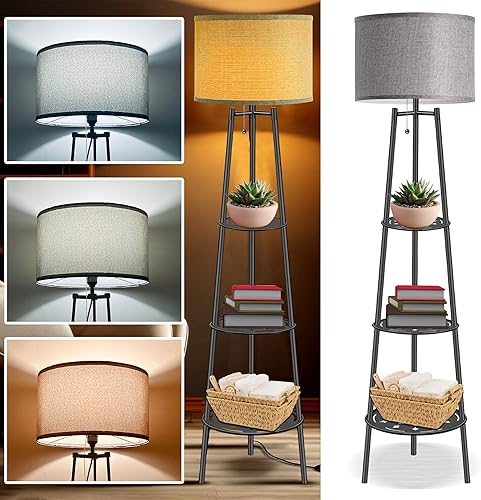 Lámpara de Pie con Estanterías, Lámpara de Pie Moderna con Bombillas LED de 3 Temperaturas de Color, Lámparas de Pie de Rincón para Sala de Estar y