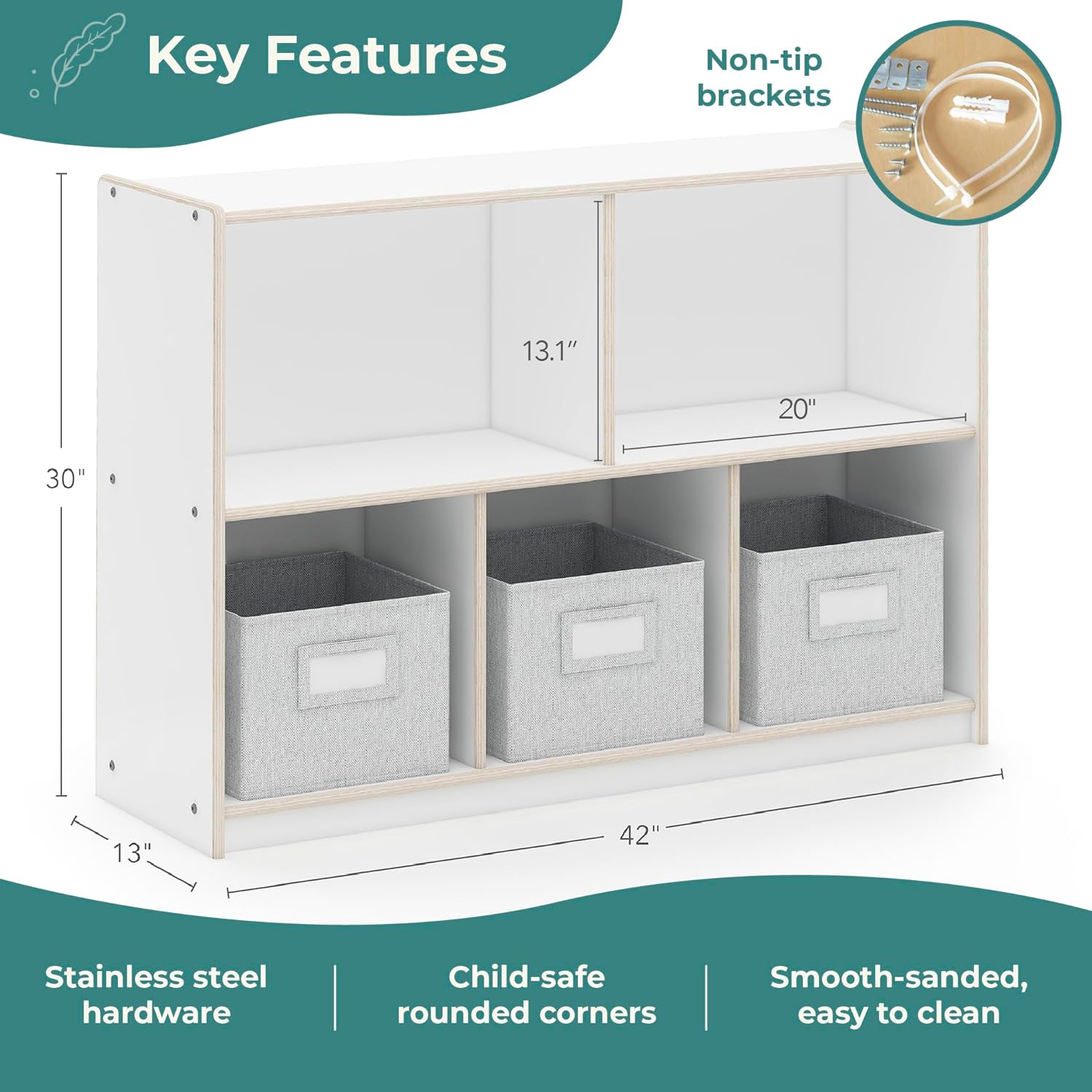 Guidecraft EdQ 5 Compartment Storage 30'' White with Fabric Bins: Wooden Organizer Cabinet for School Supplies and Home | Teacher's Book Cubby and Toy Shelf