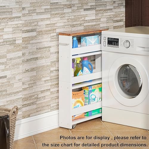 Miniatura 7 de TEAMIX 4 Tier White Slim Storage Cart with Handle, Slide Out Storage Rolling Utility Cart Mobile Shelving Unit Organizer Trolley for Small Spaces