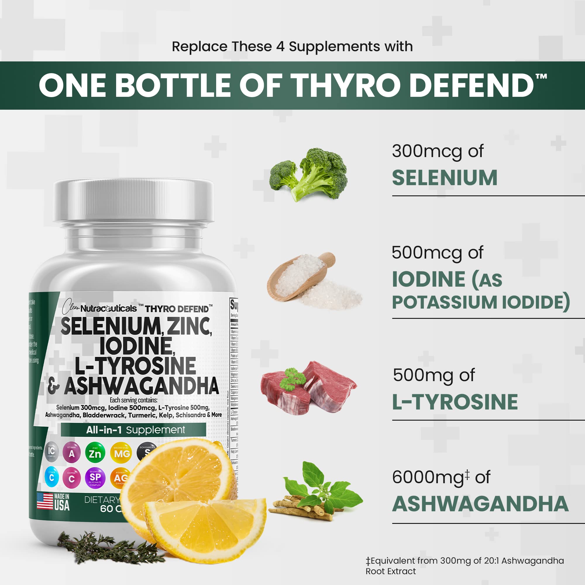 Selenium, Zinc, Iodine, L-Tyrosine & Ashwagandha All-in-One Capsules – 60 Count, Thyroid & Immune Support