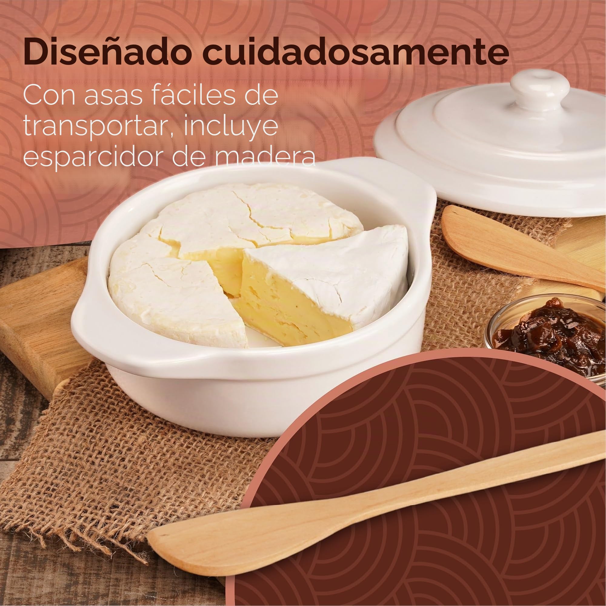 Muldale Camembert - Plato para hornear con tapa, juego de regalo, panadero de queso Camembert en color blanco, plato para hornear Brie, panadero de cerámica Camembert Baker - 14 cm - Con esparcidor y