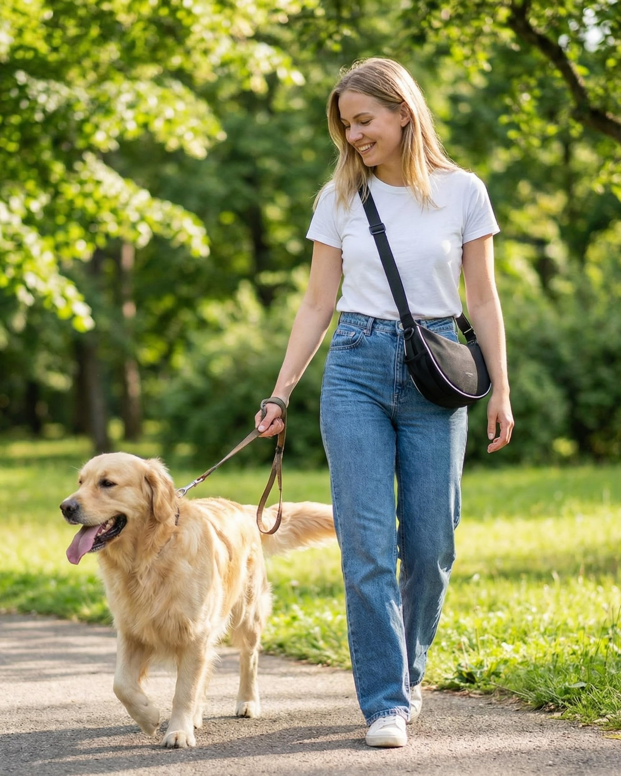 LARKSON Half Moon Bag à Friandises pour Chien Noir - Fiete - Sac à Bandoulière Promenade - Pochette à Friandises avec Distributeur de Sacs à Excréments - Sac de Dressage Réfléchissant - Hydrofuge