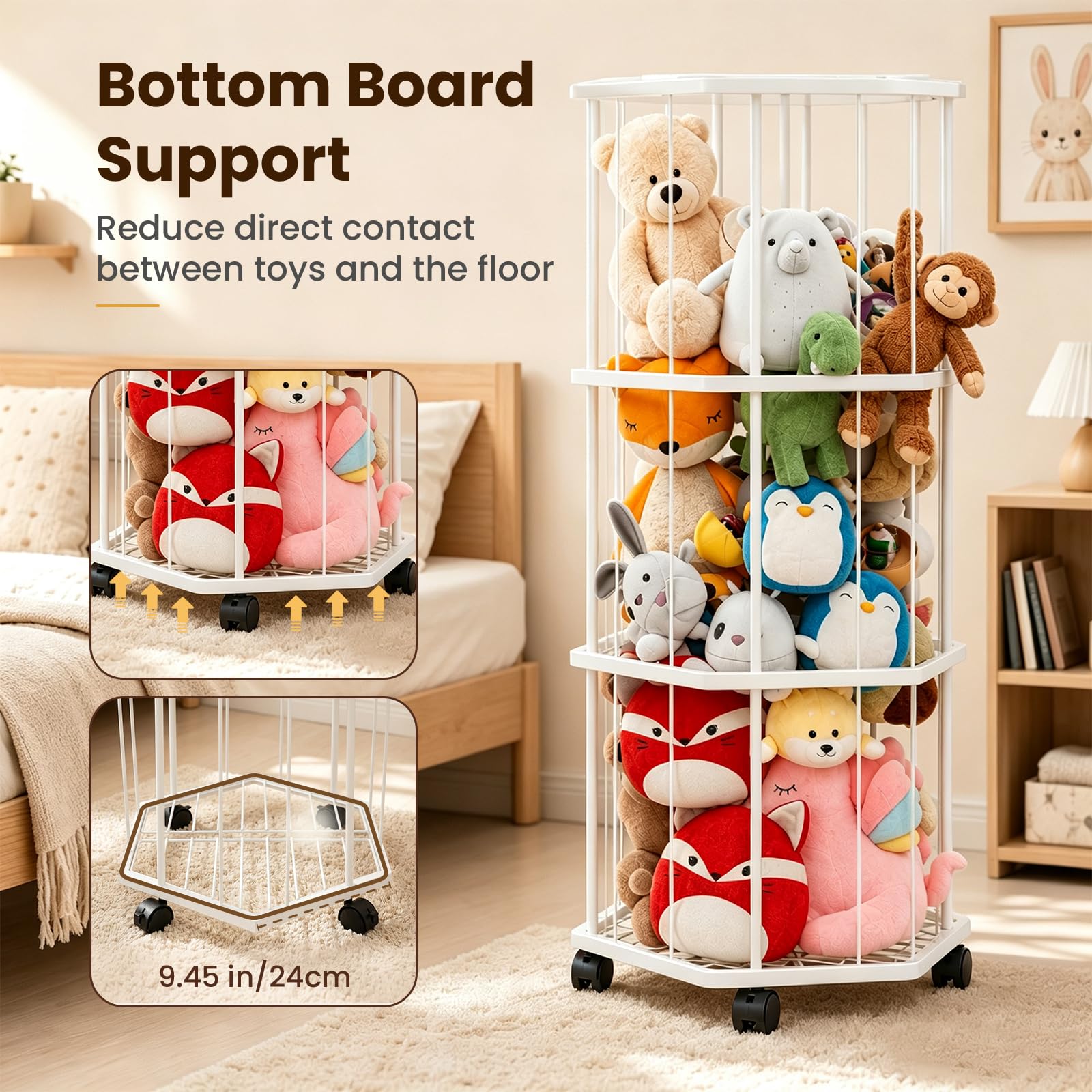 Almacenamiento de juguetes suaves, almacenamiento de animales de peluche, almacenamiento de juguetes de peluche con red de malla, tubo organizador de juguetes de peluche con ruedas de freno, jaula de