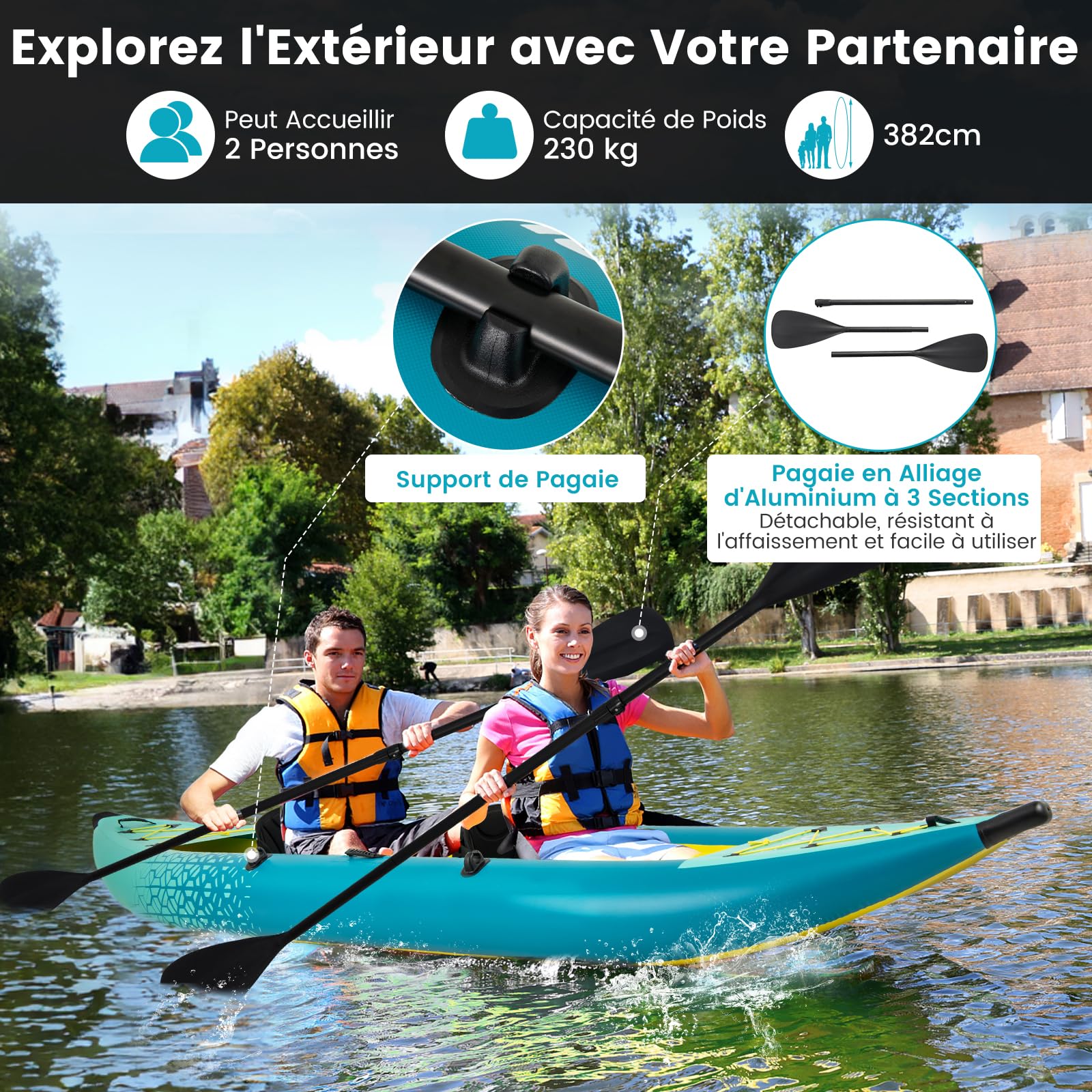 GOPLUS Kayak Gonflable 2 Personnes, Canoe Randonnée 382 cm avec Sièges et Repose-Pieds Réglables, 2 Pagaies, Fixations, 2 Dérives, Pompe à Main, Kit de Réparation, Sac Transport, Charge 230 kg